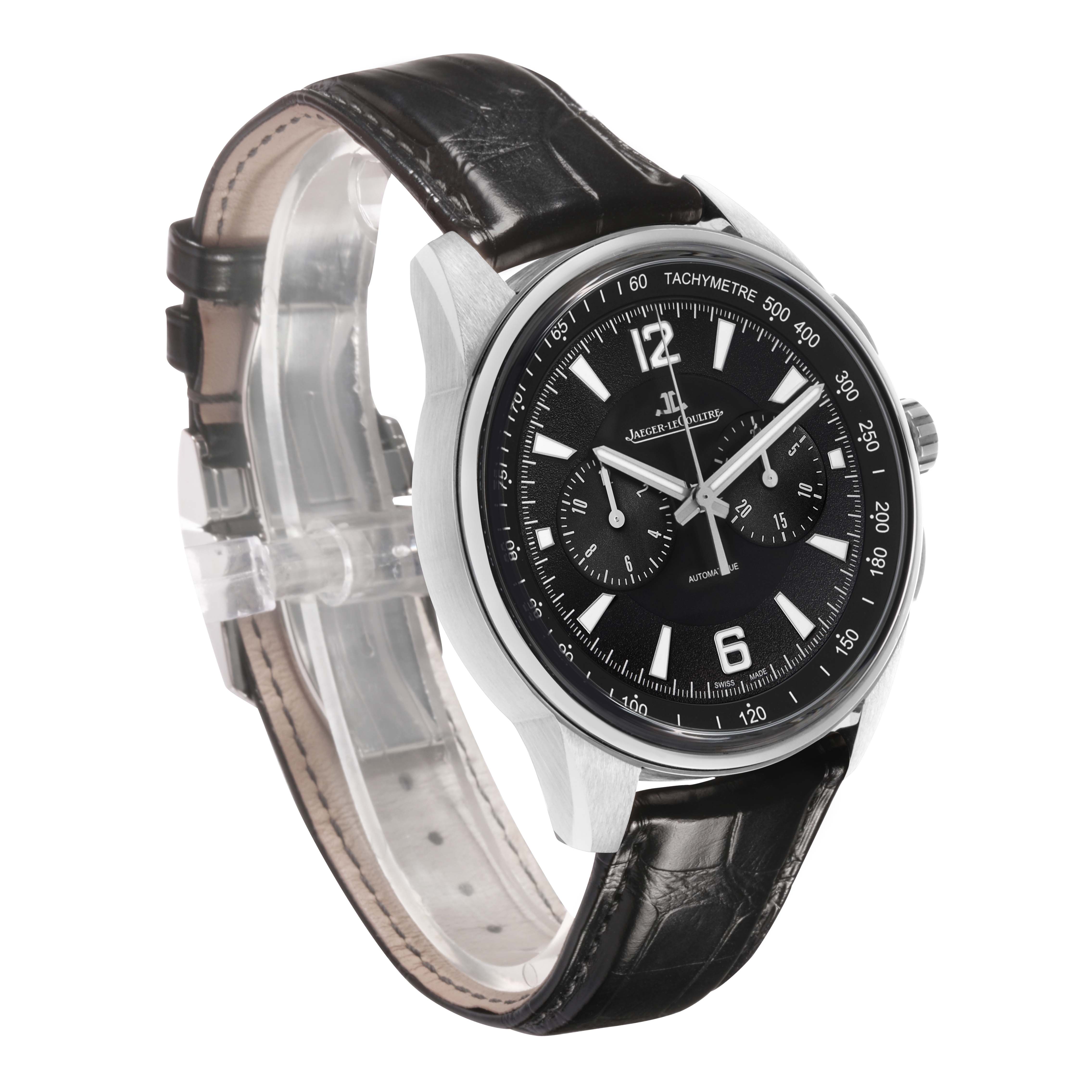 The Jaeger LeCoultre Polaris Q9028480 Men's Stainless Steel Black Dial watch is shown at a three-quarter angle, highlighting the dial, bezel, and leather strap.