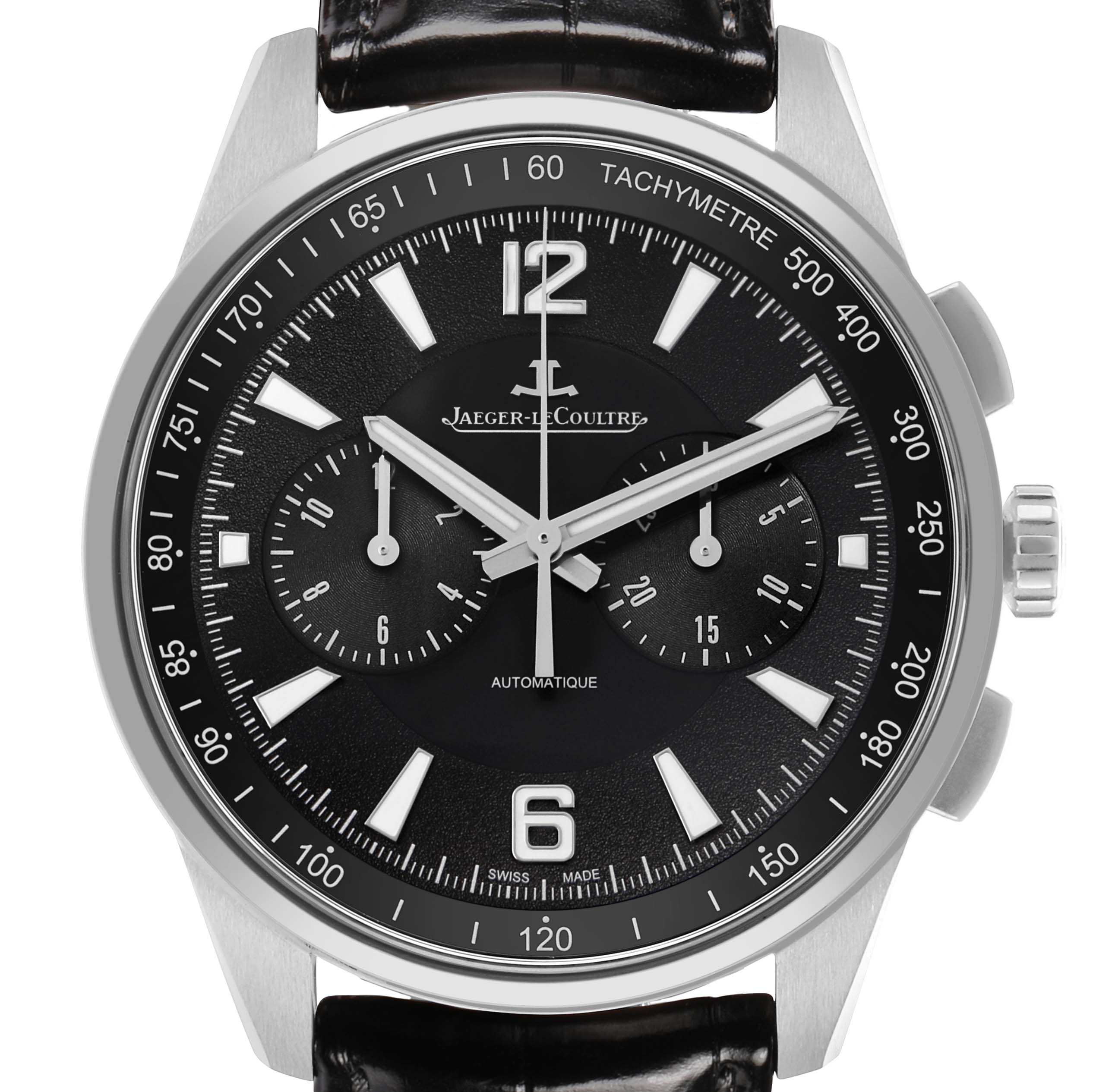 The Jaeger LeCoultre Polaris Q9028480 Men's Stainless Steel Black Dial watch is shown from the front, highlighting the dial, subdials, and tachymeter.