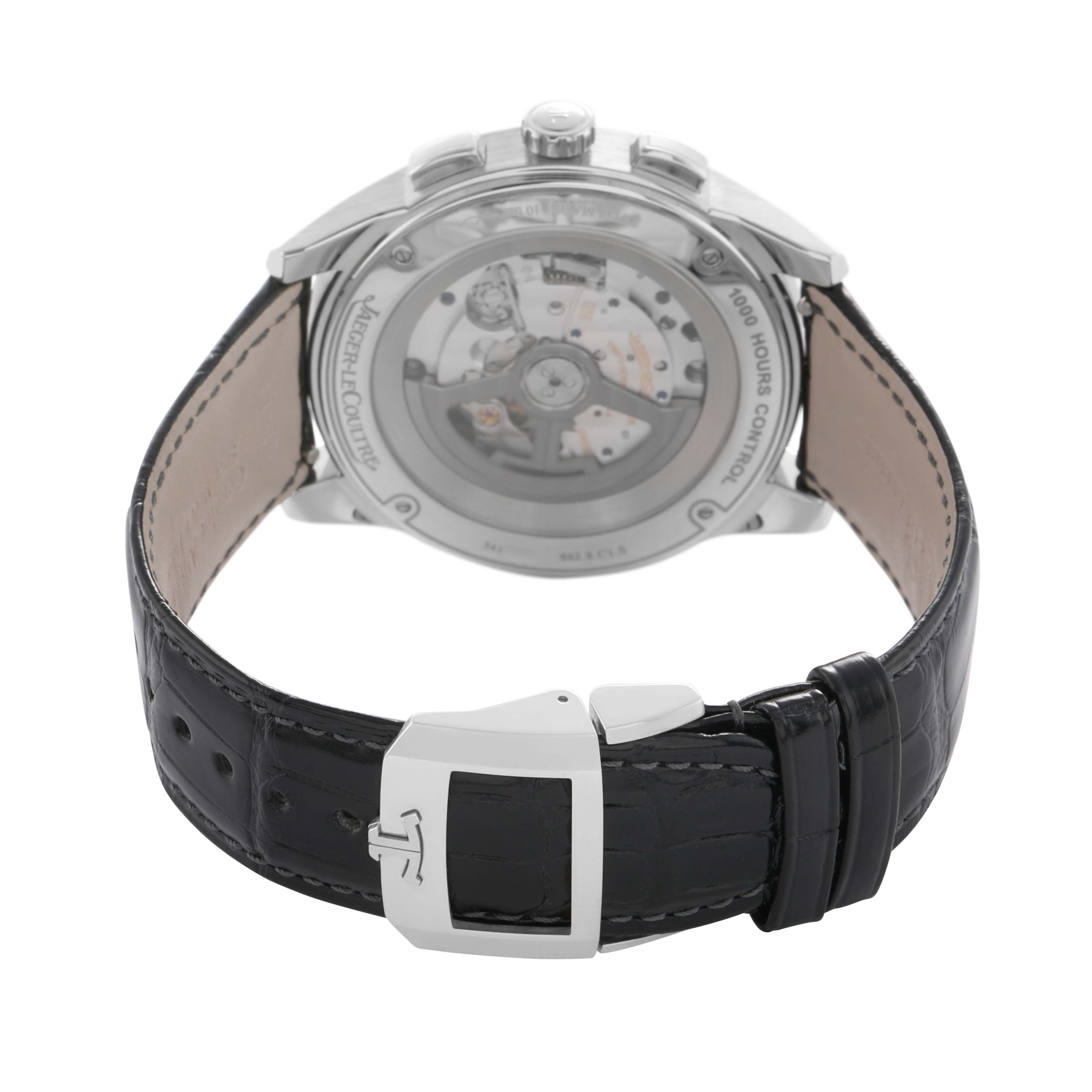 The image shows the back of the Jaeger LeCoultre Polaris Q9028480 Men's Stainless Steel Black Dial watch, highlighting the movement and strap with a buckle.