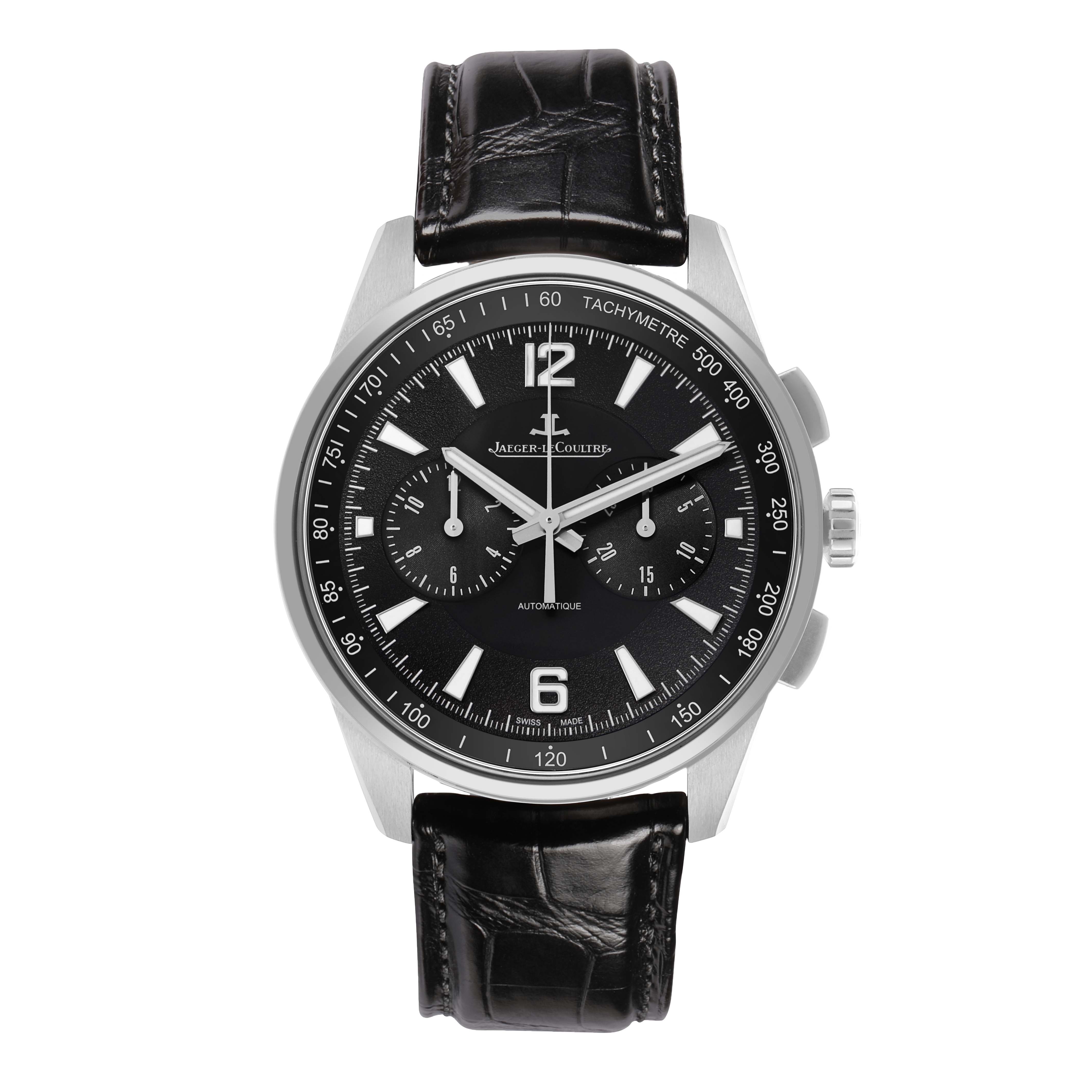 The Jaeger LeCoultre Polaris Q9028480 Men's Stainless Steel Black Dial watch is shown from the front, displaying its black dial, subdials, tachymeter, and leather strap.