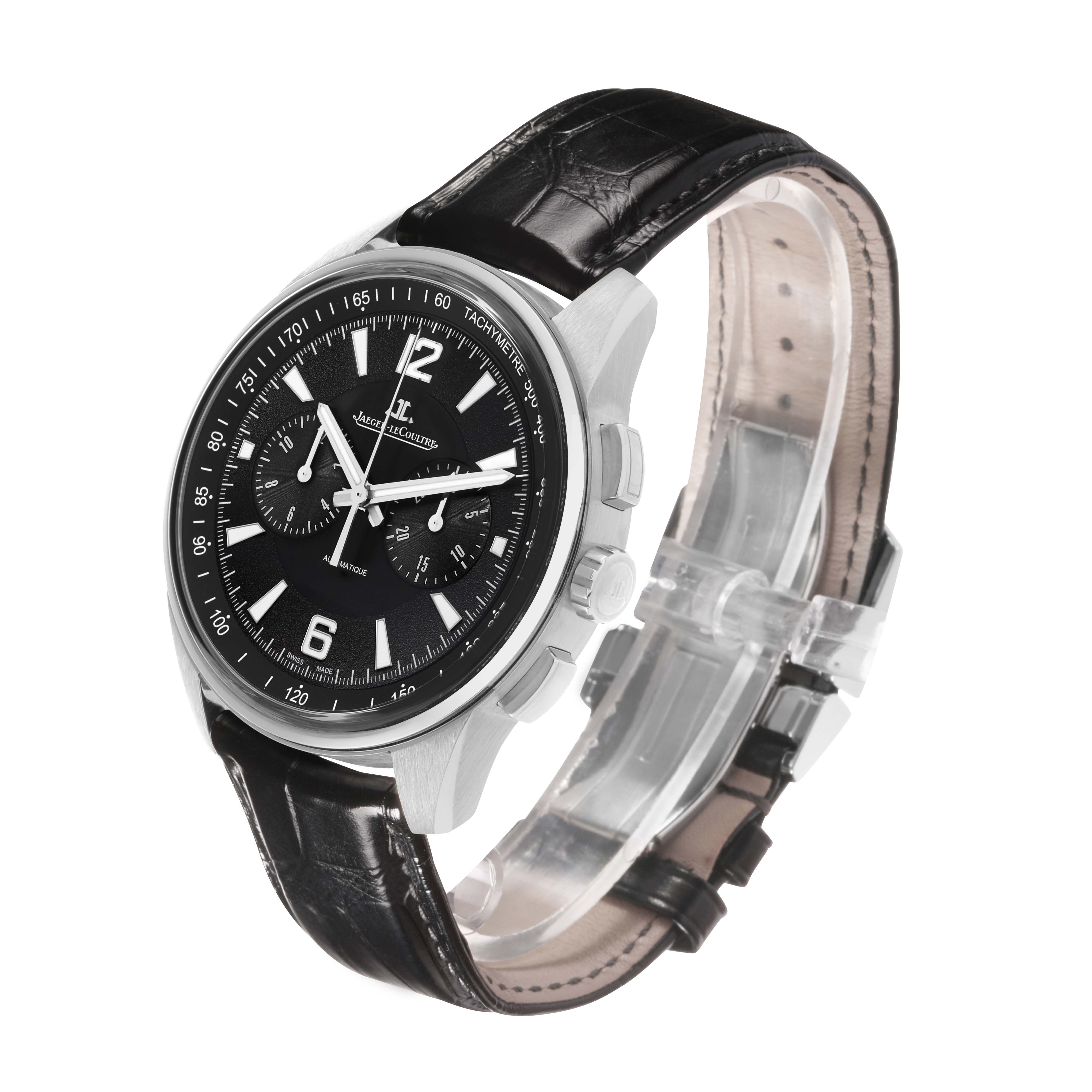 The Jaeger-LeCoultre Polaris watch is shown at an angle highlighting the face, crown, pushers, and leather strap.