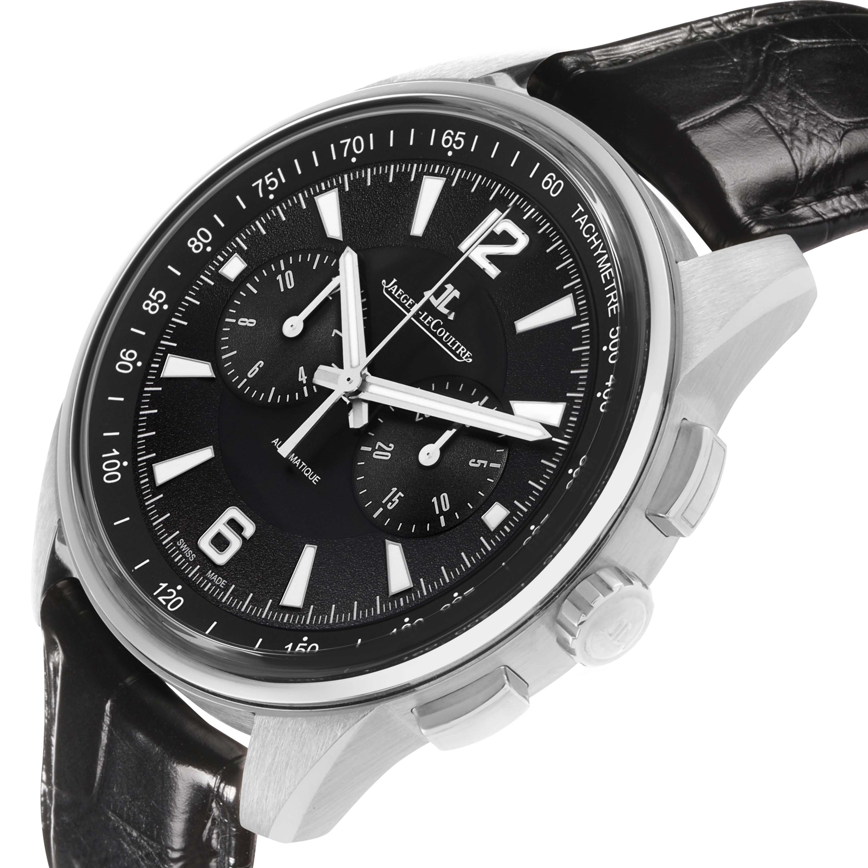 The Jaeger LeCoultre Polaris Q9028480 Men's Stainless Steel Black Dial watch is shown at an angled view, highlighting the face, crown, pushers, and leather strap.