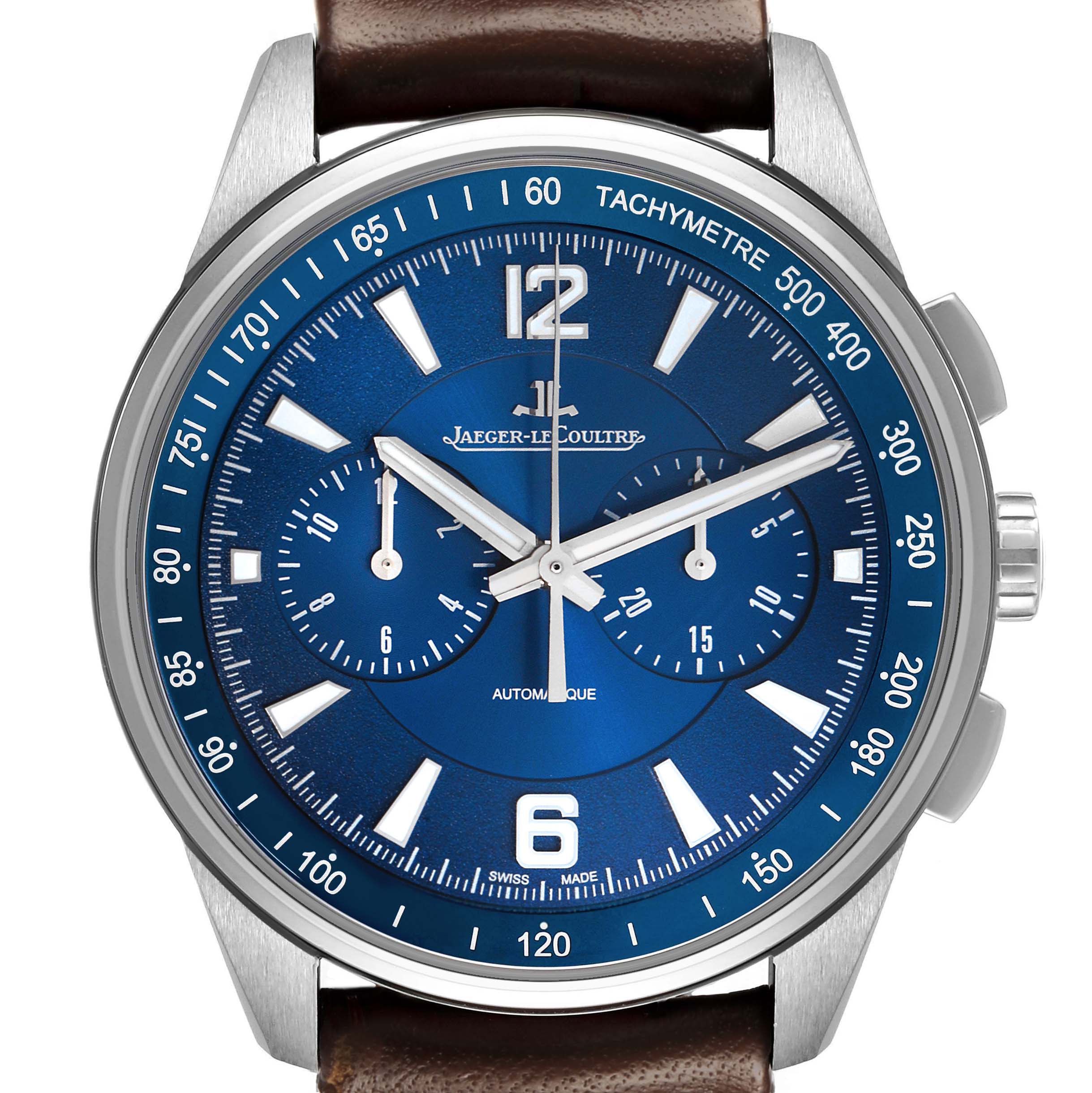 The Jaeger LeCoultre Polaris Q9028480 Men's Stainless Steel Blue Dial watch is shown from the front, highlighting its blue dial, subdials, tachymeter, and brown leather strap.