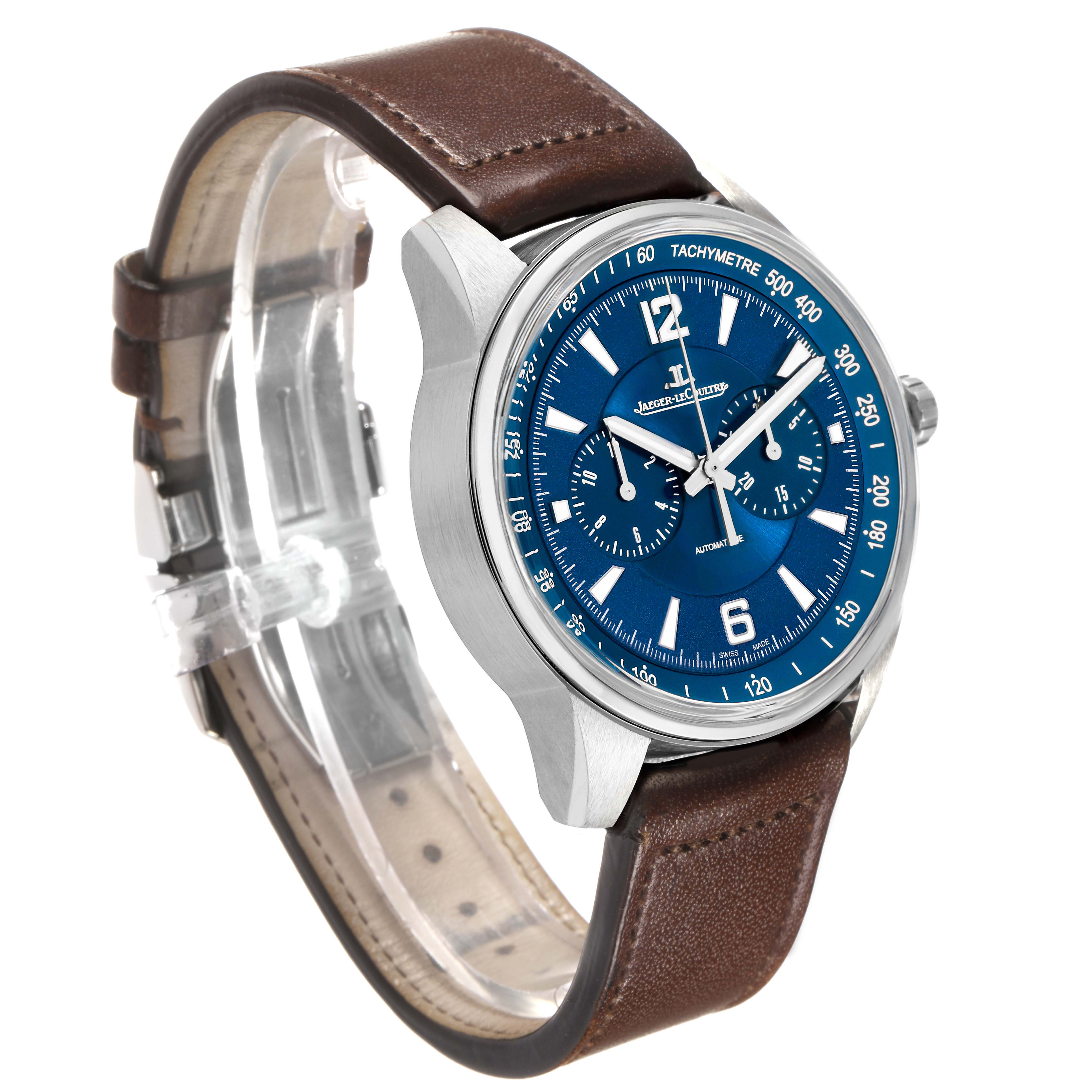 The Jaeger LeCoultre Polaris Q9028480 Men's Stainless Steel Blue Dial watch is shown at a slight side angle, displaying the face, tachymeter, and brown leather strap.