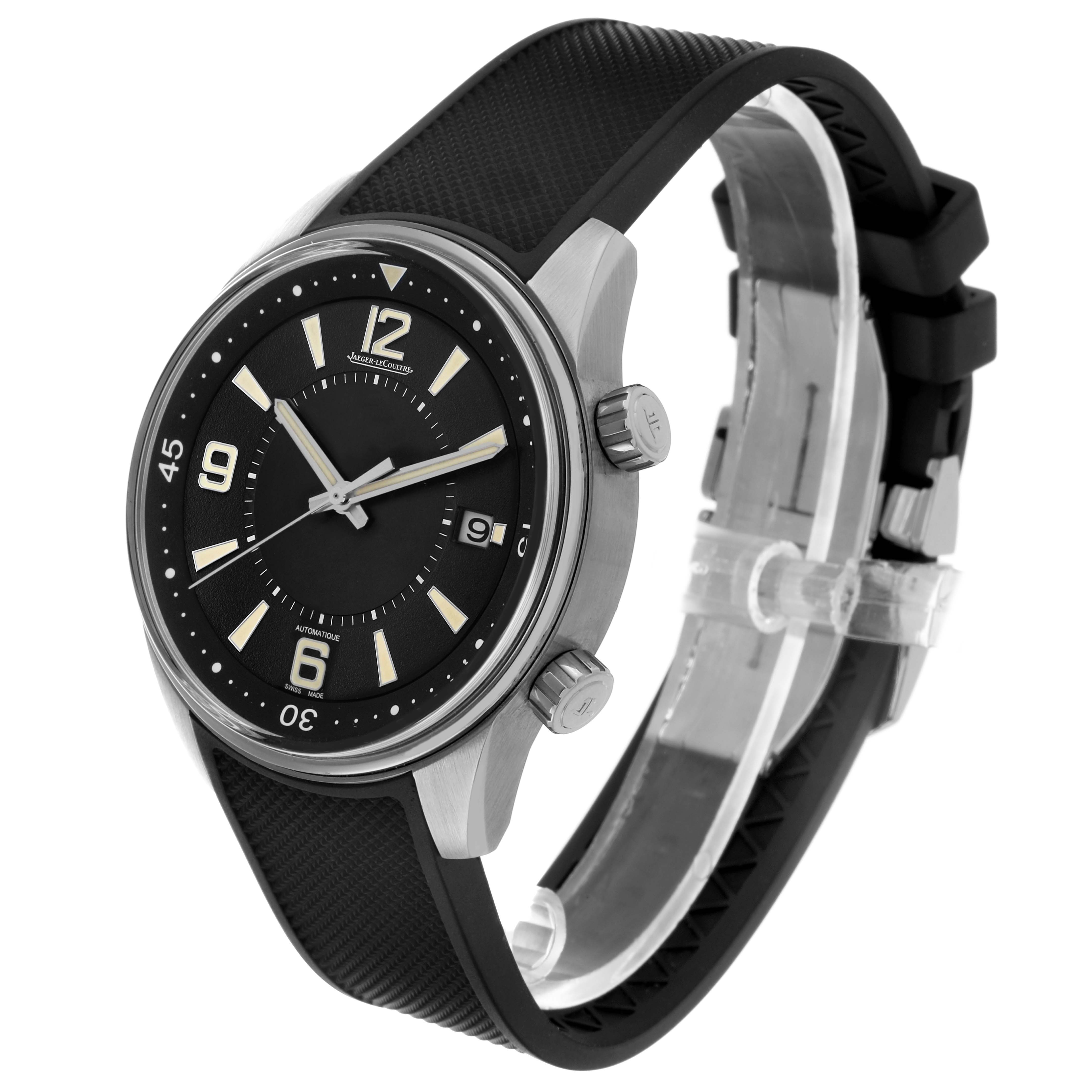 The Jaeger-LeCoultre Polaris watch is shown at a three-quarter angle, displaying the face, bezel, and strap.