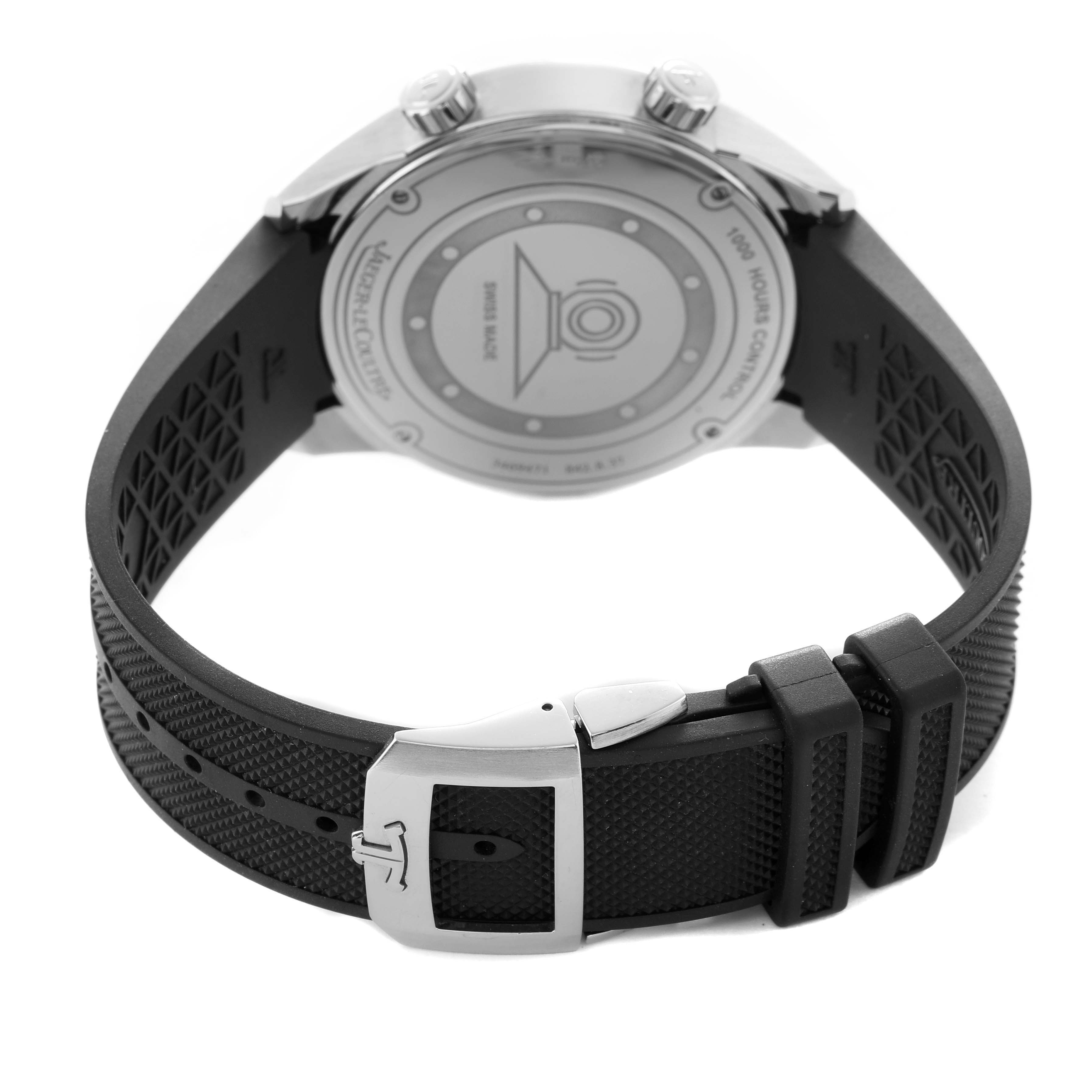 The image shows the Jaeger-LeCoultre Polaris watch from the back, highlighting the case back, black strap, and clasp.
