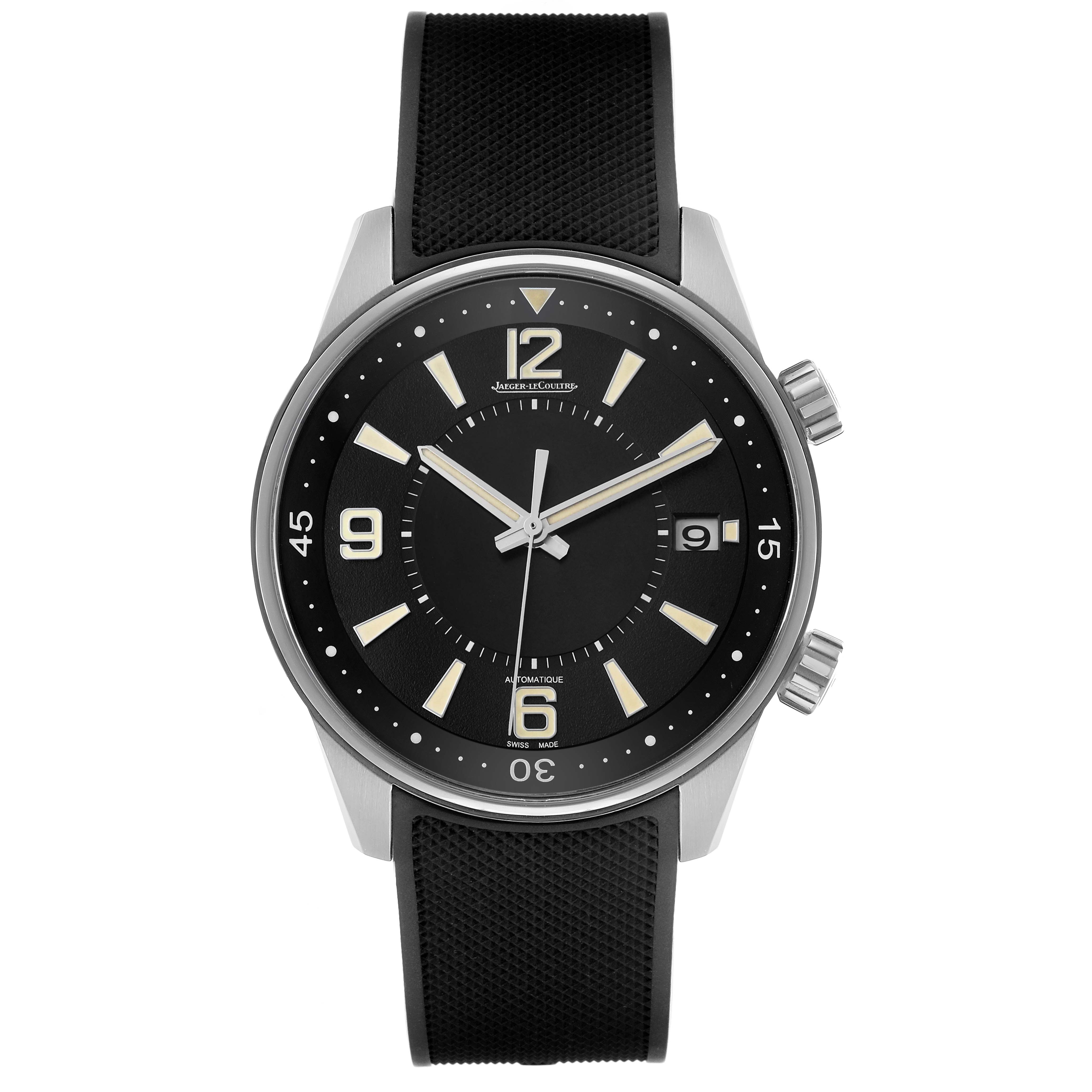 The Jaeger-LeCoultre Polaris watch is shown from the front, highlighting the dial, hands, numerals, and two crowns.