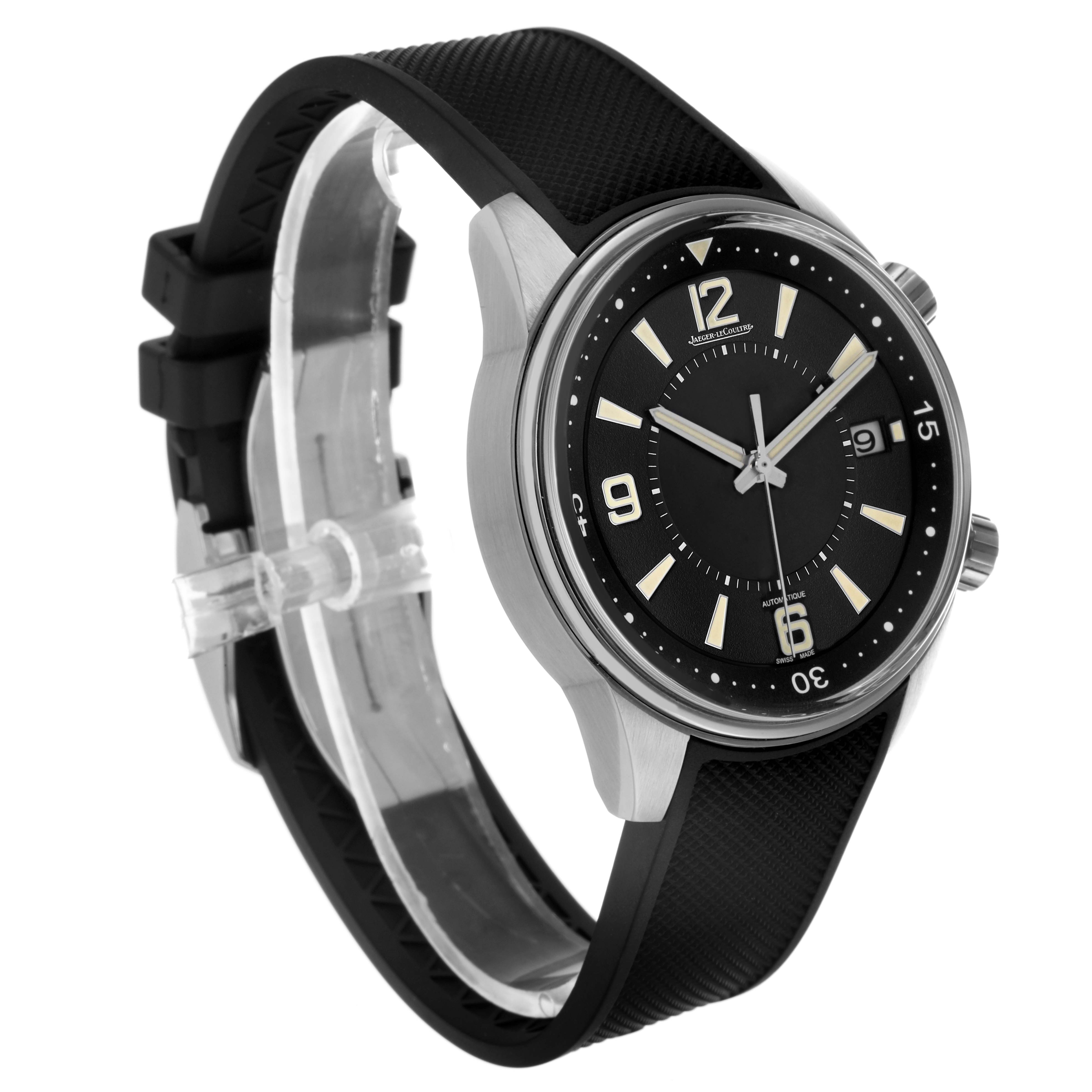 The Jaeger LeCoultre Polaris Q968671 Men's Stainless Steel Black Dial watch is shown at a three-quarter angle, highlighting the face, bezel, and rubber strap.
