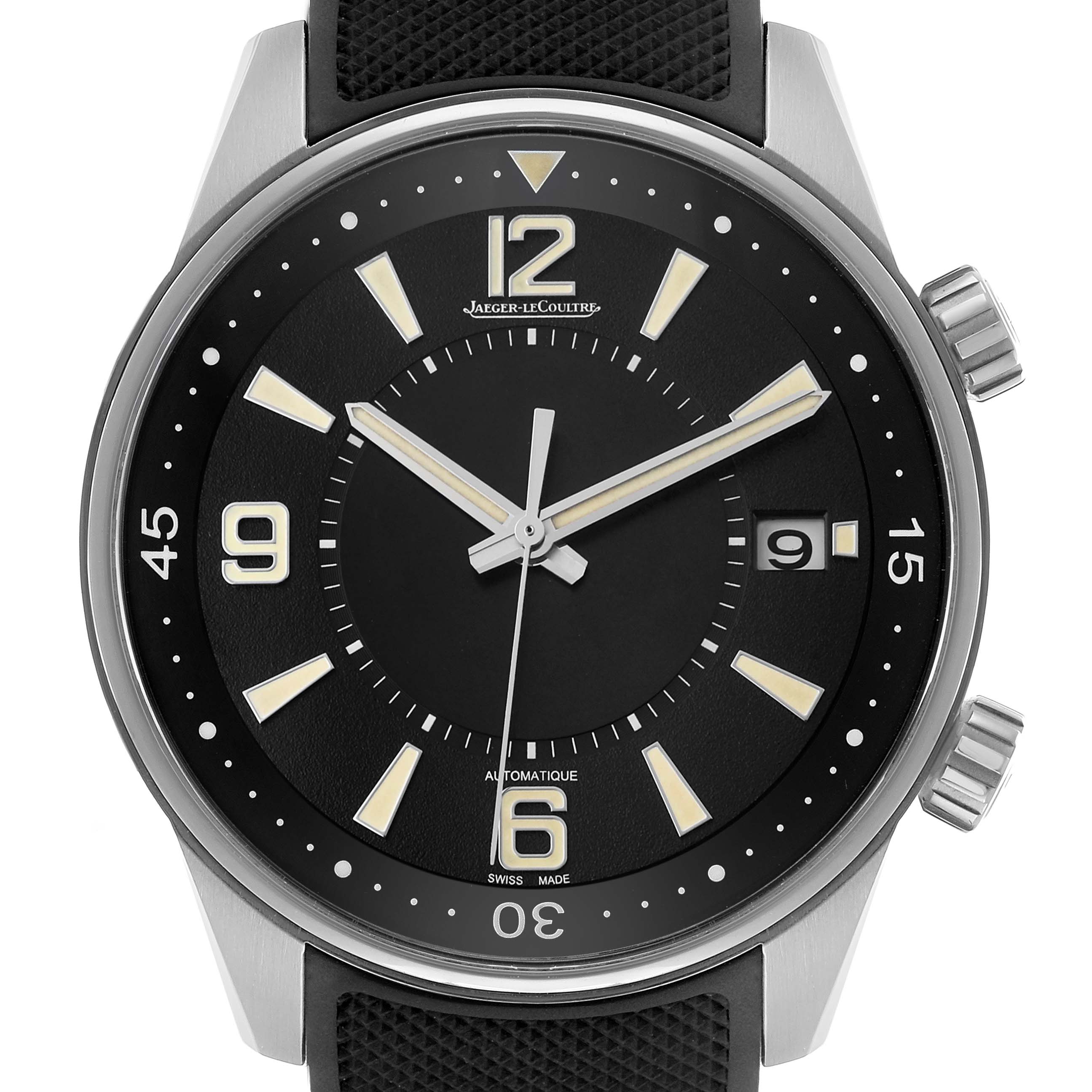 The Jaeger LeCoultre Polaris Q968671 Men's Stainless Steel Black Dial watch is shown from a front angle, highlighting the face, hands, and dials.