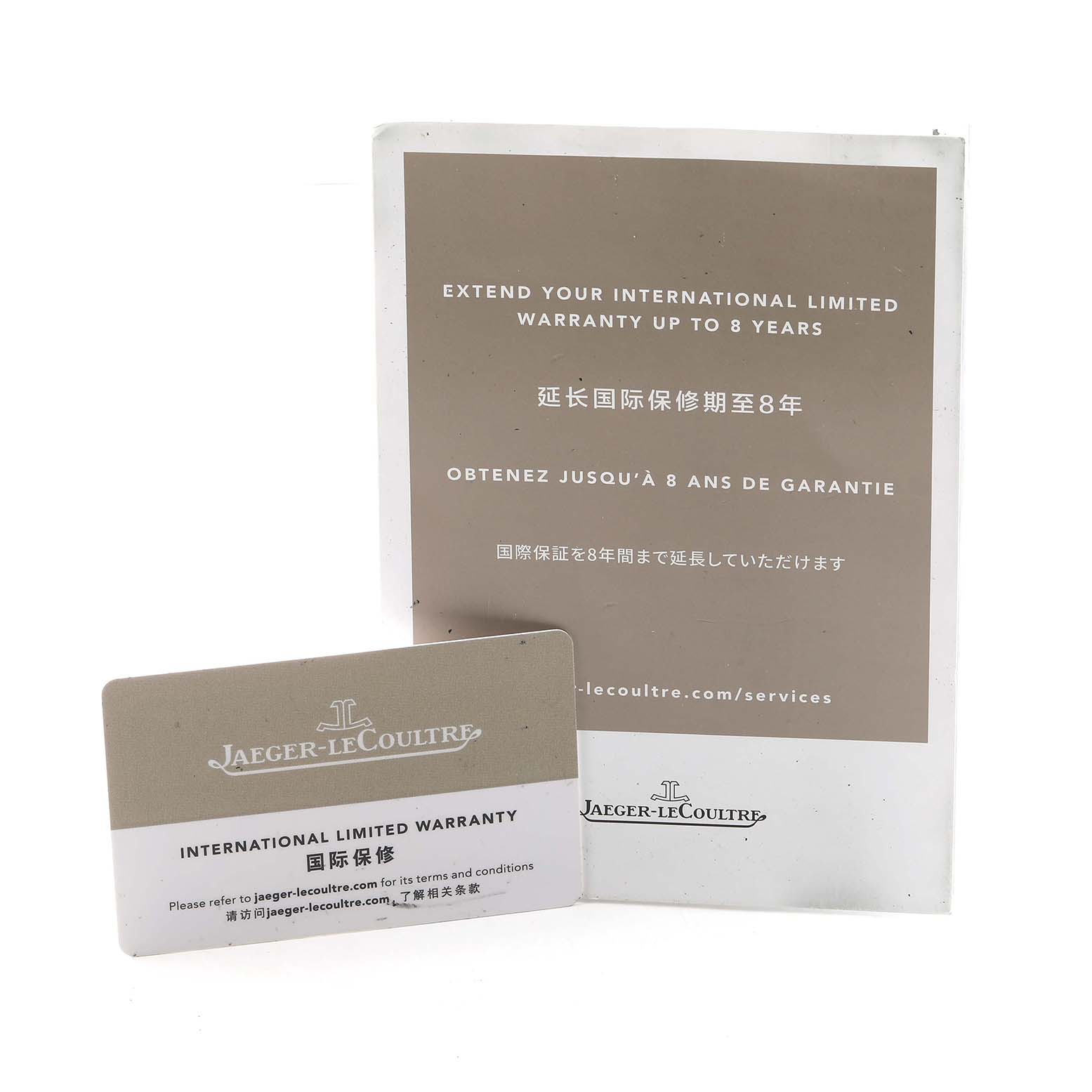 The image shows warranty documents for the Jaeger LeCoultre Polaris Q968671 Men's Stainless Steel Black Dial, featuring a card and an informational booklet.