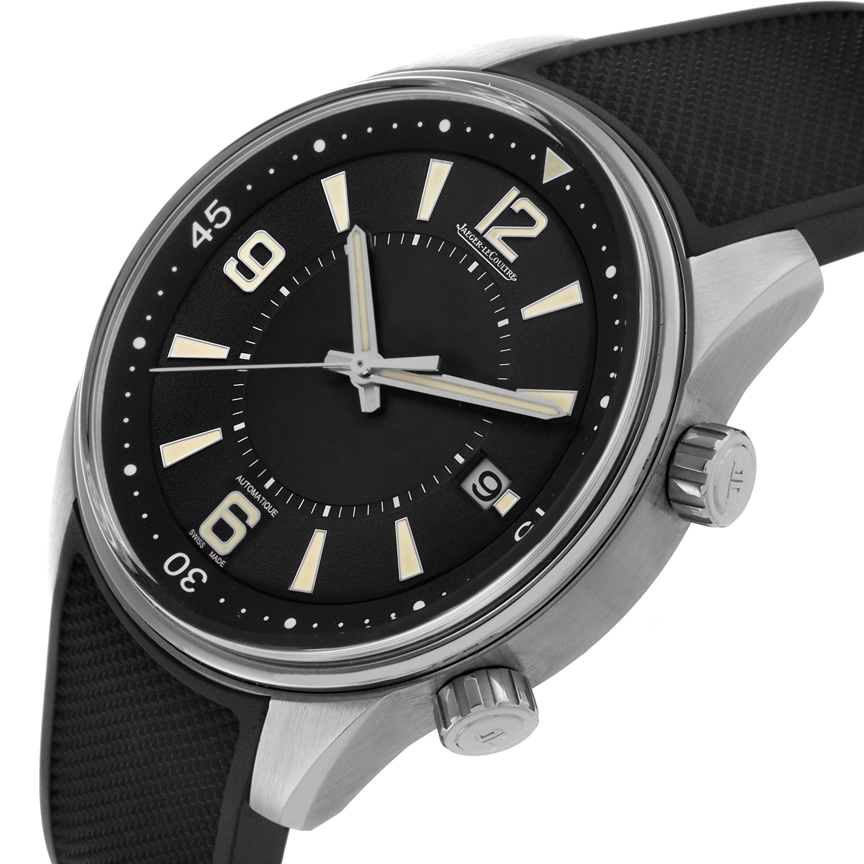The Jaeger LeCoultre Polaris Q968671 Men's Stainless Steel Black Dial watch is shown from an angled view, highlighting its dial, bezel, and crowns.