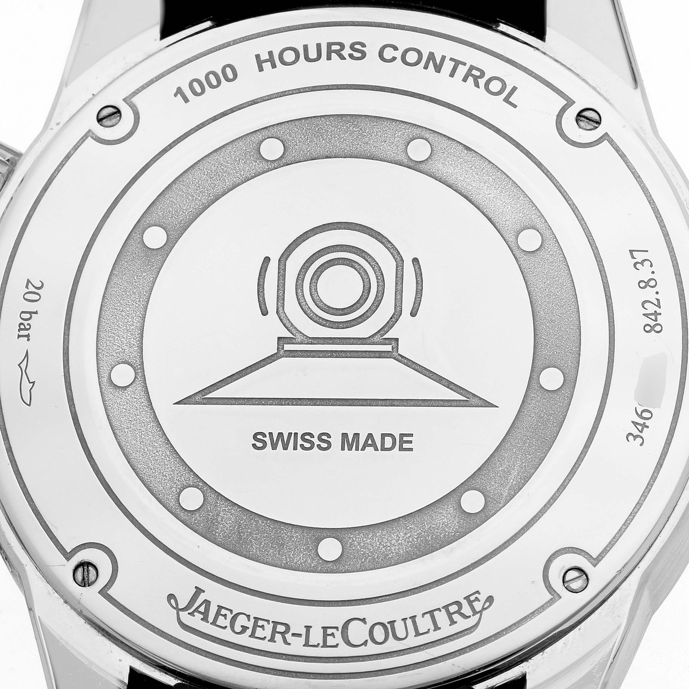The image shows the back case of the Jaeger-LeCoultre Polaris watch, displaying "1000 Hours Control" and "Swiss Made."