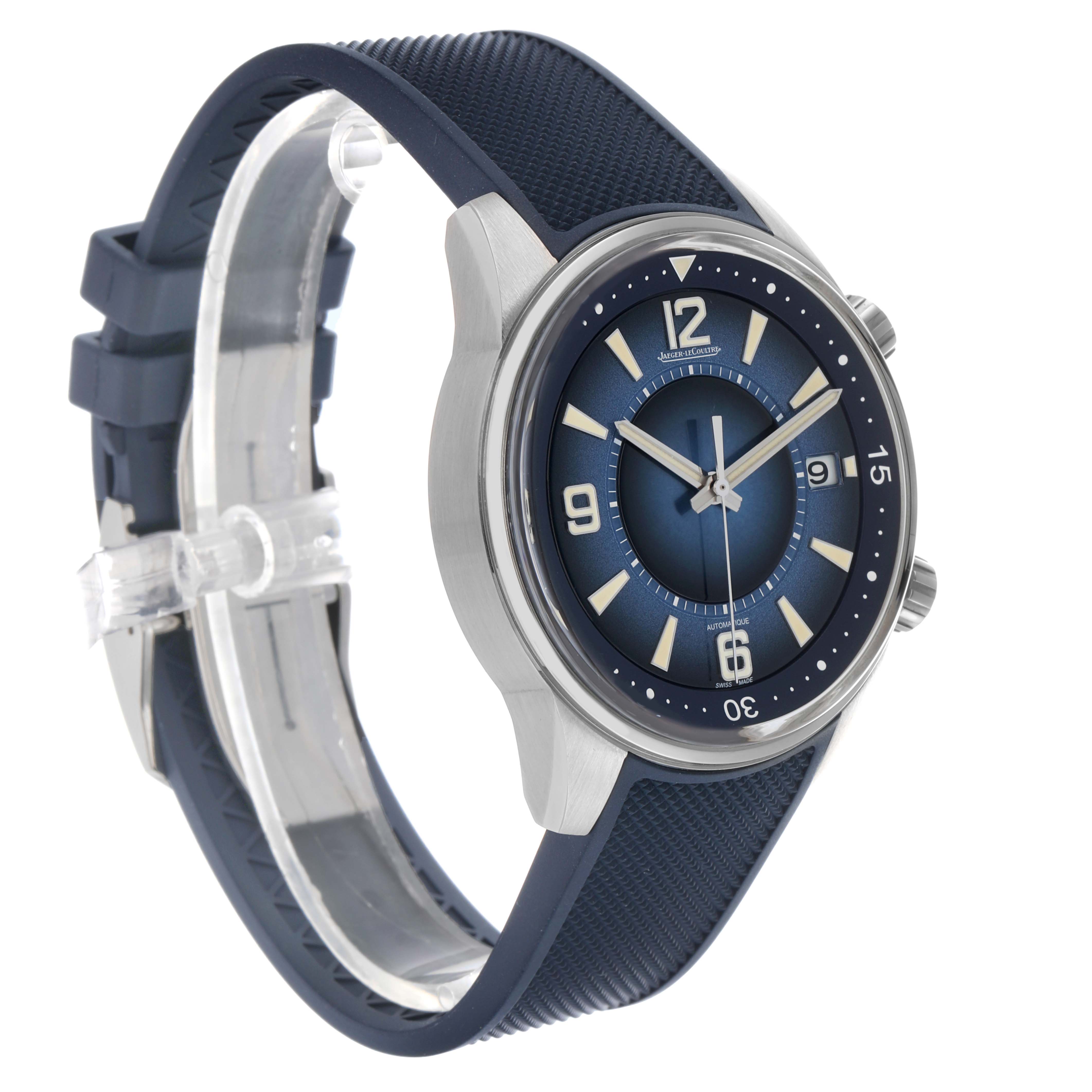 The Jaeger LeCoultre Polaris Q9068681 Men's Stainless Steel Blue Dial watch is shown at a slight side angle, highlighting its blue dial, bezel, case, and strap.