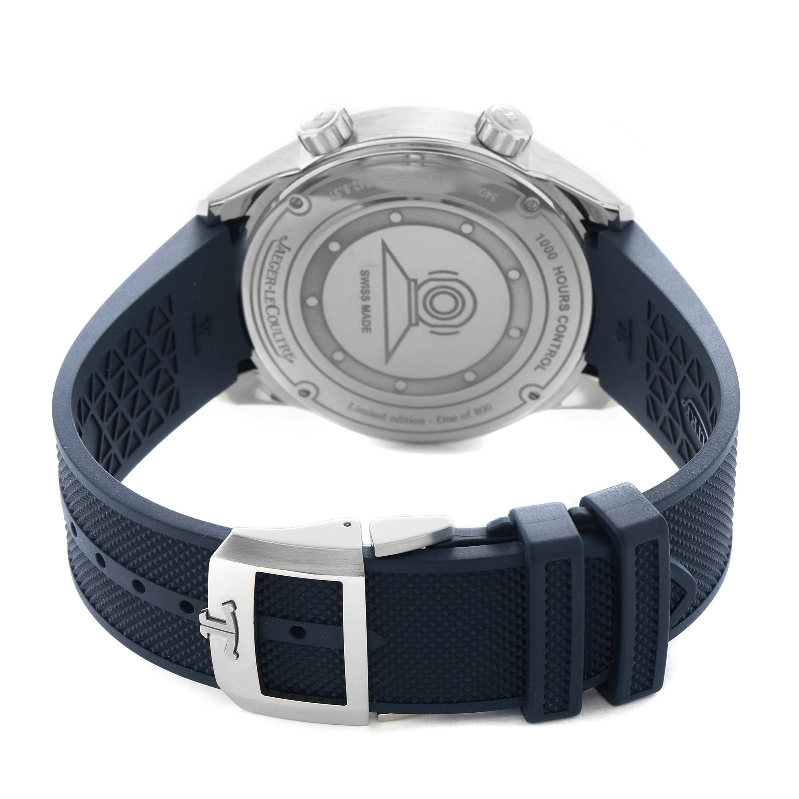 The image shows the back of the Jaeger LeCoultre Polaris Q9068681 Men's Stainless Steel Blue Dial watch, highlighting the case back and blue strap.