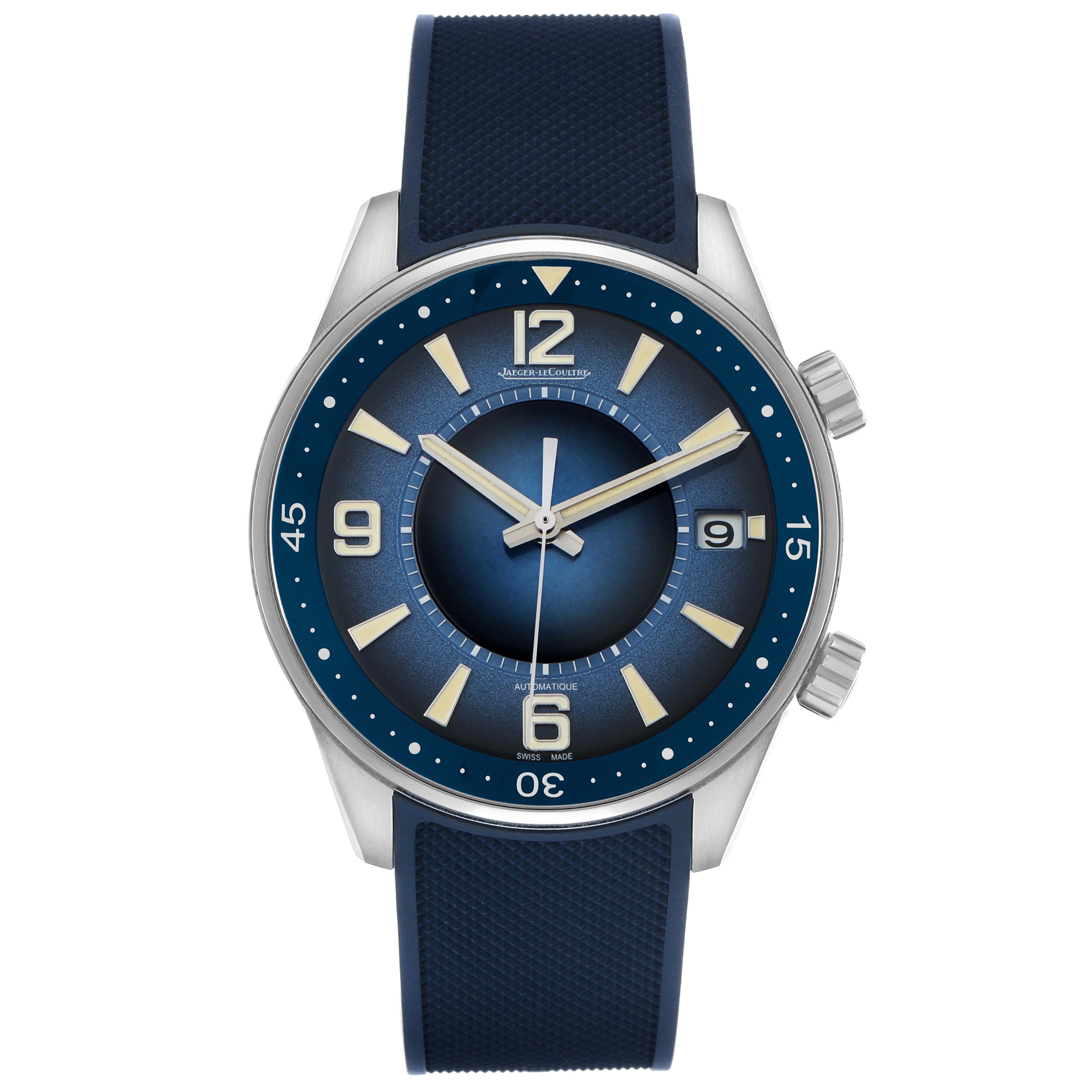 The Jaeger-LeCoultre Polaris watch is shown front-facing, highlighting its blue dial, bezel, indices, and date feature.