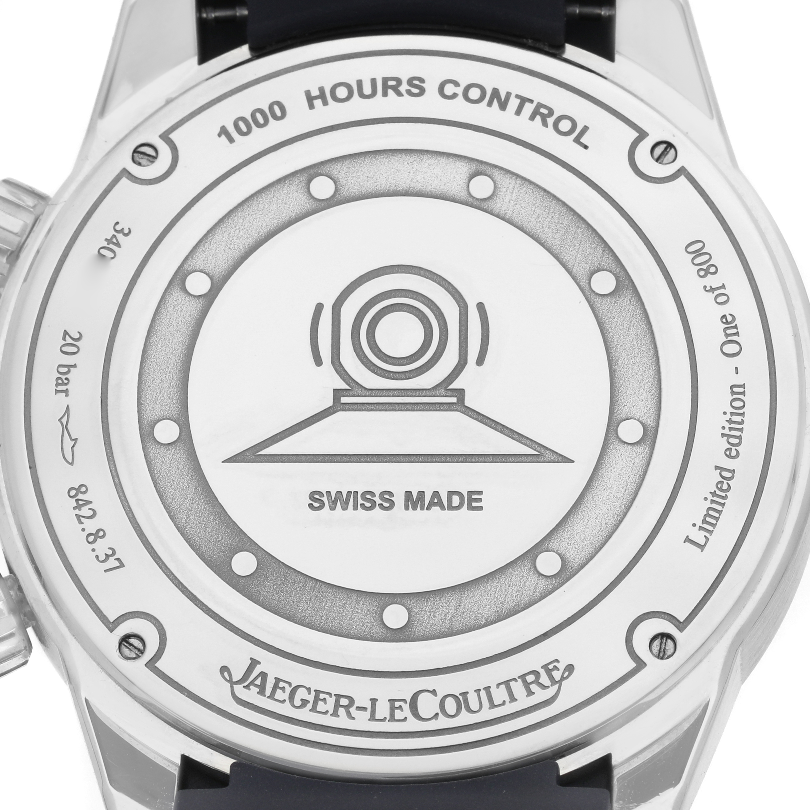The image shows the back of a Jaeger-LeCoultre Polaris watch, highlighting "1000 Hours Control," "Swiss Made," and "Limited Edition."