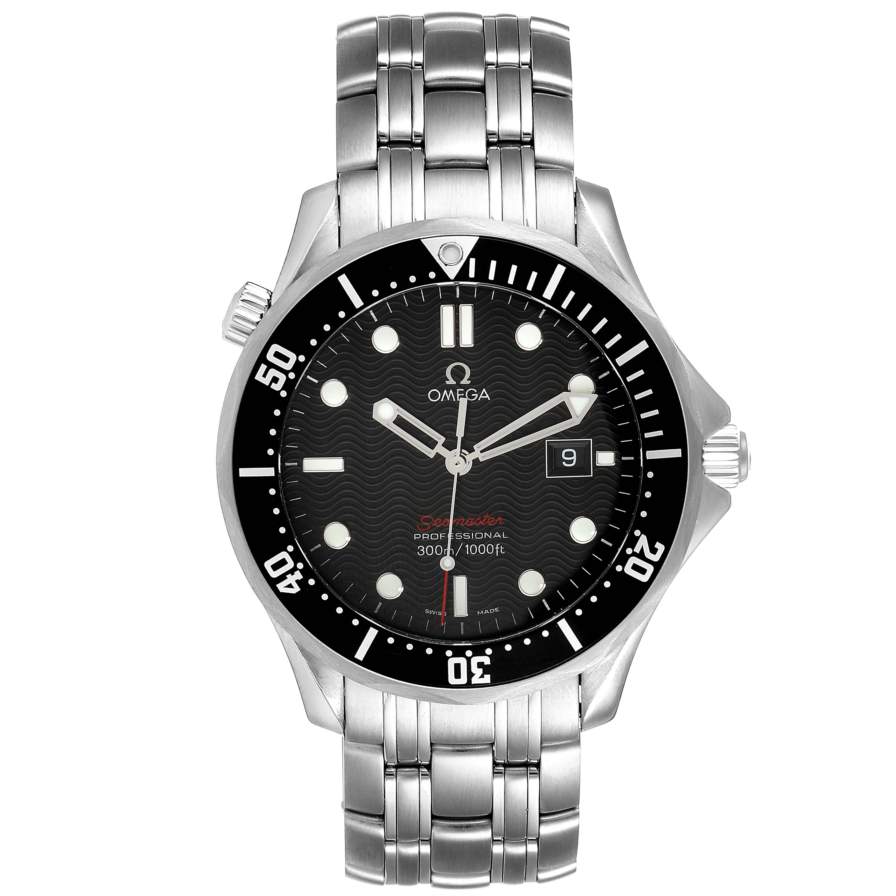 The image shows the Omega Seamaster 212.30.41.61.01.001 Men's Stainless Steel Black Dial 212.30.41.61.01.001 Men's Stainless Steel Black Dial watch from a front angle, displaying its dial, bezel, bracelet, and crown.