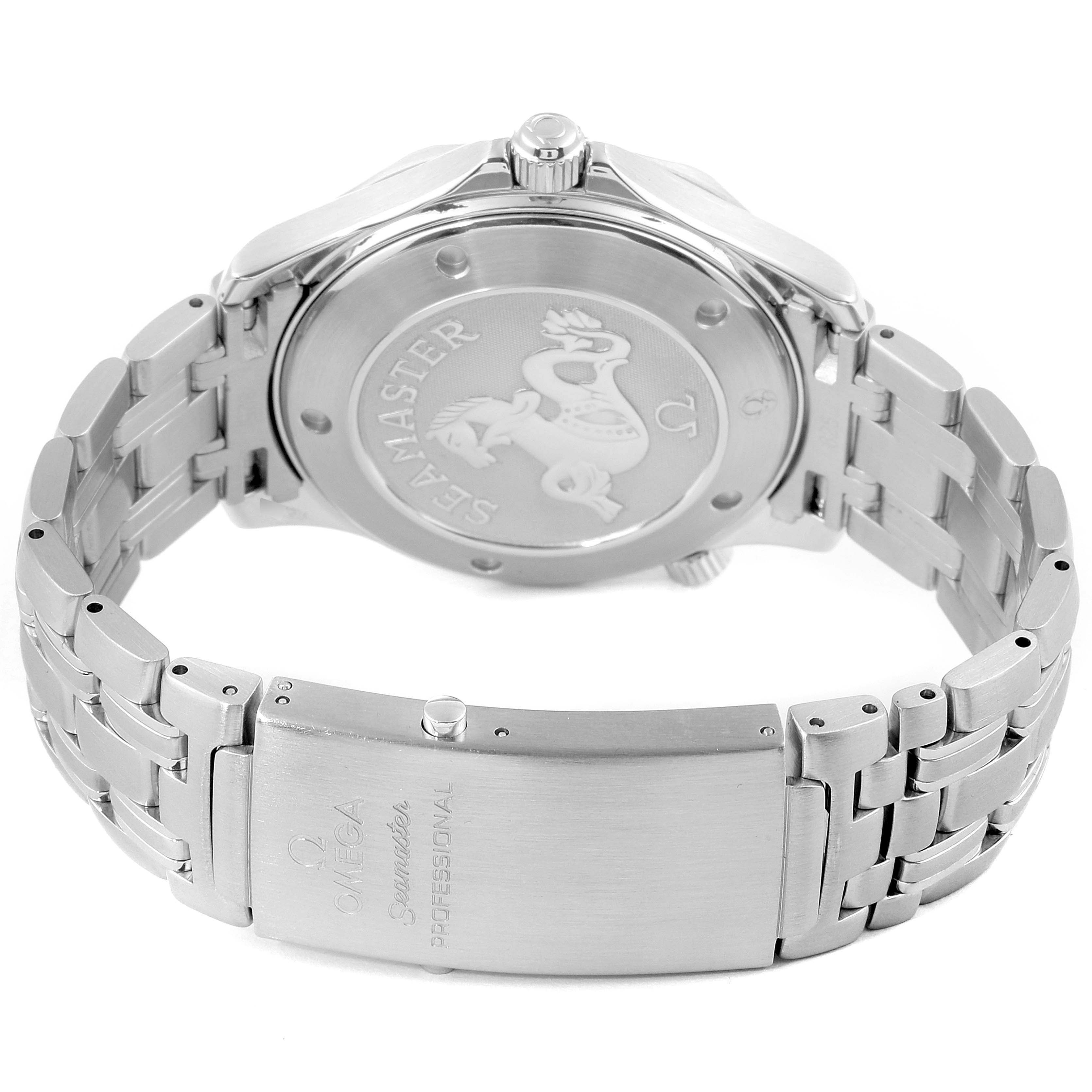 This image shows the back and clasp of an Omega Seamaster 212.30.41.61.01.001 Men's Stainless Steel Black Dial 212.30.41.61.01.001 Men's Stainless Steel Black Dial watch, highlighting the case back engraving and metal bracelet.