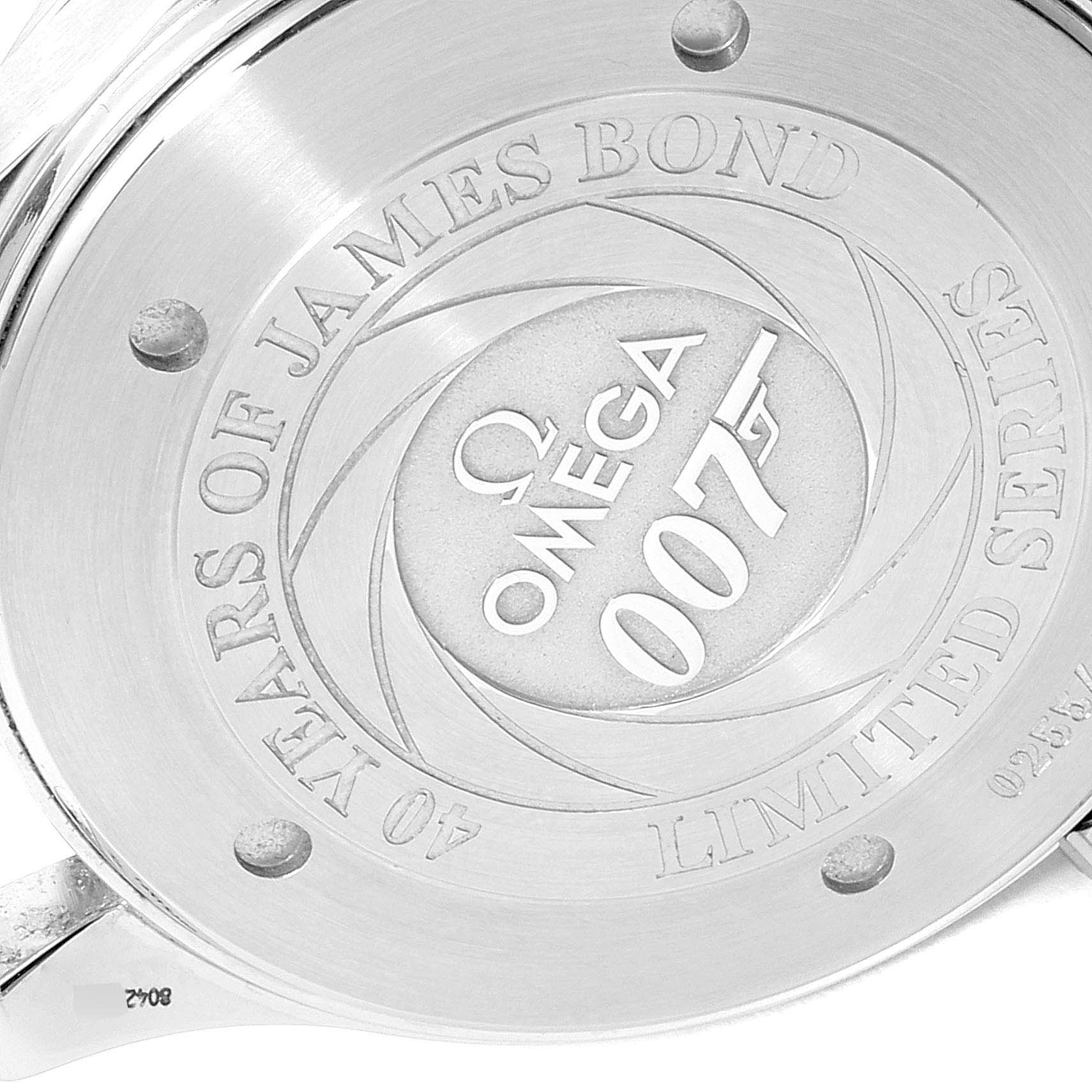 The image shows the case back of an Omega Seamaster 2537.80.00 Men's Stainless Steel Blue Dial 2537.80.00 Men's Stainless Steel Blue Dial "James Bond" limited series watch, viewed directly from the back.