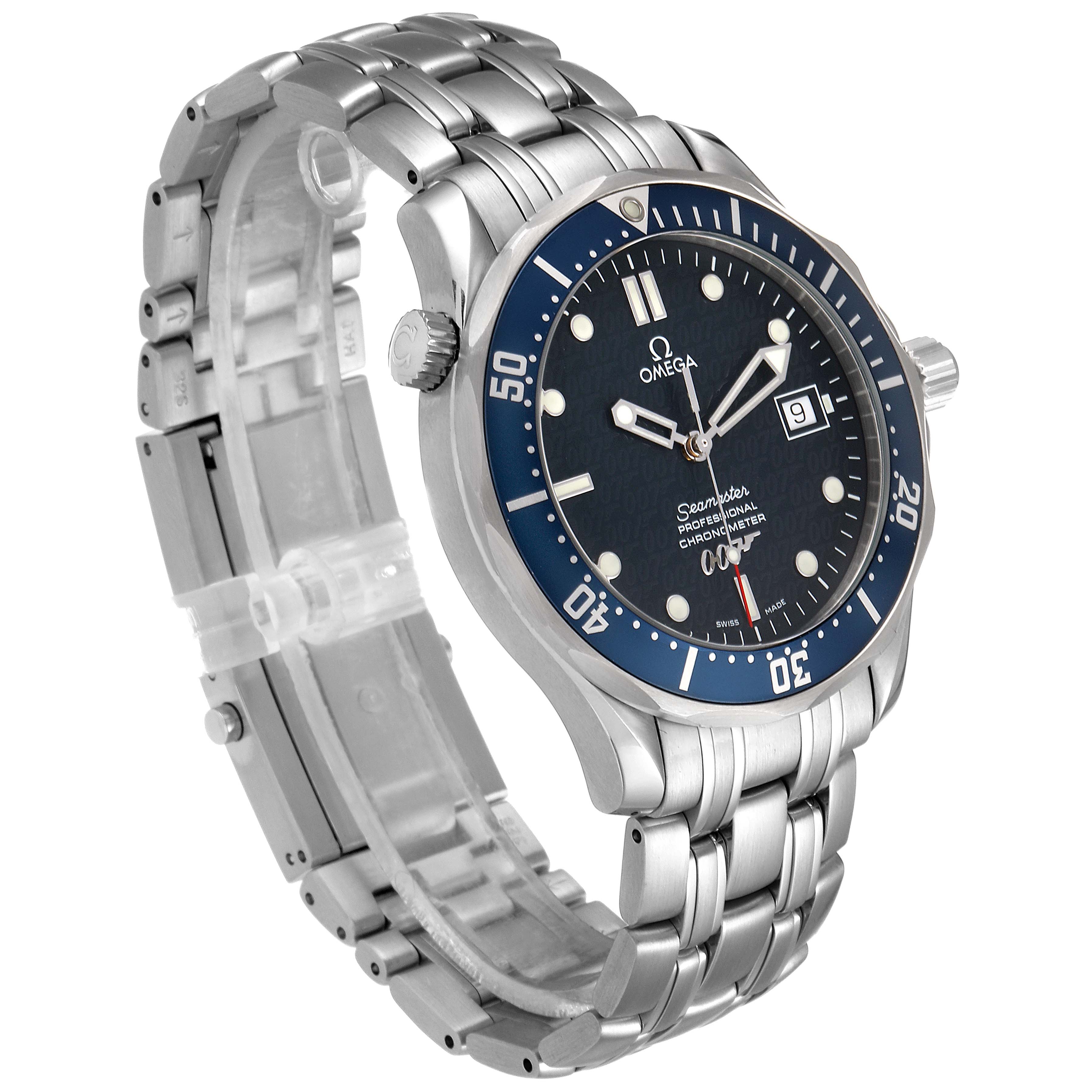 The Omega Seamaster 2537.80.00 Men's Stainless Steel Blue Dial 2537.80.00 Men's Stainless Steel Blue Dial watch is shown at a three-quarter angle, displaying the face, bezel, crown, and part of the bracelet.