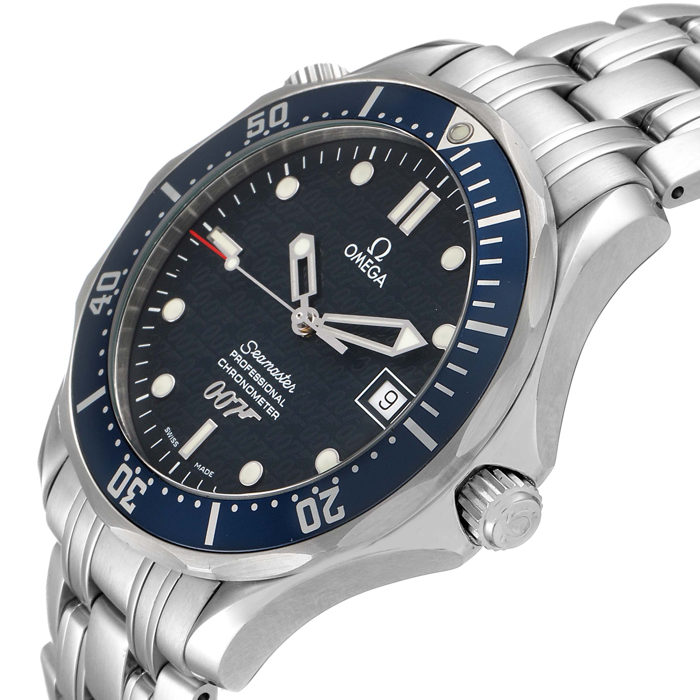The image shows a side-angle view of an Omega Seamaster 2537.80.00 Men's Stainless Steel Blue Dial 2537.80.00 Men's Stainless Steel Blue Dial watch, highlighting the dial, bezel, crown, and bracelet.