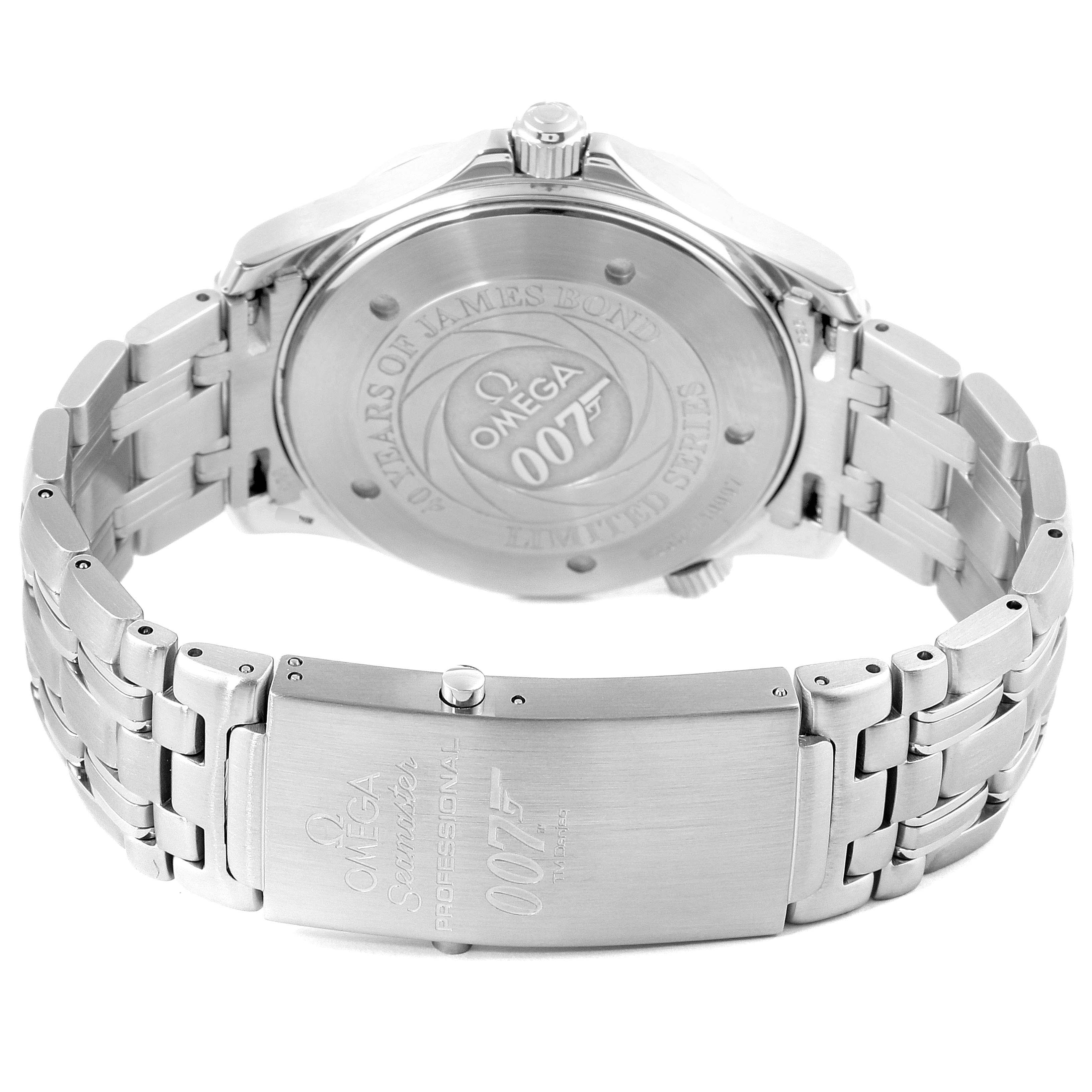 The image shows the back case and clasp of the Omega Seamaster 2537.80.00 Men's Stainless Steel Blue Dial 2537.80.00 Men's Stainless Steel Blue Dial watch, featuring 007 branding.