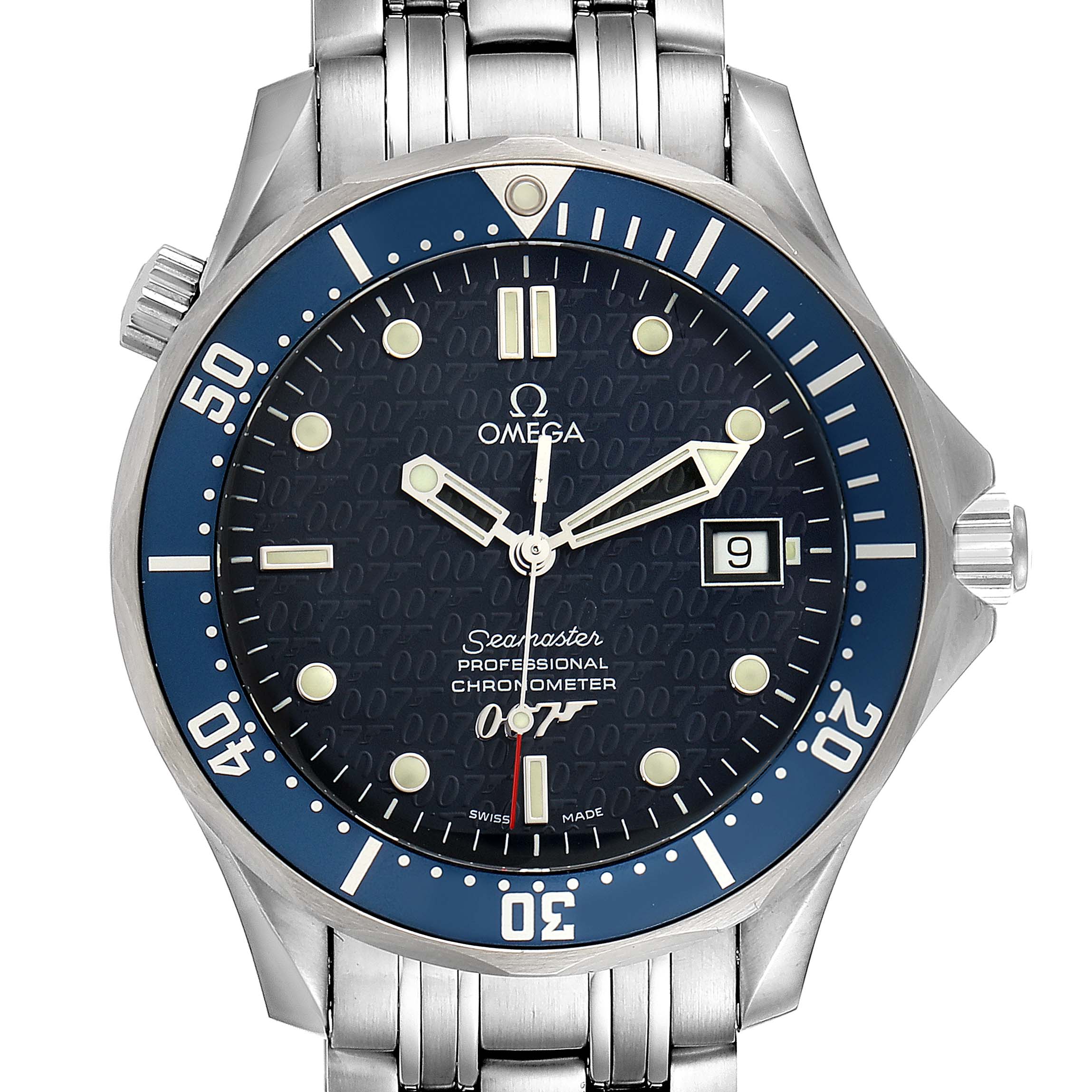 The image shows a frontal view of an Omega Seamaster 2537.80.00 Men's Stainless Steel Blue Dial 2537.80.00 Men's Stainless Steel Blue Dial watch, highlighting its dial, bezel, crown, and metal strap.