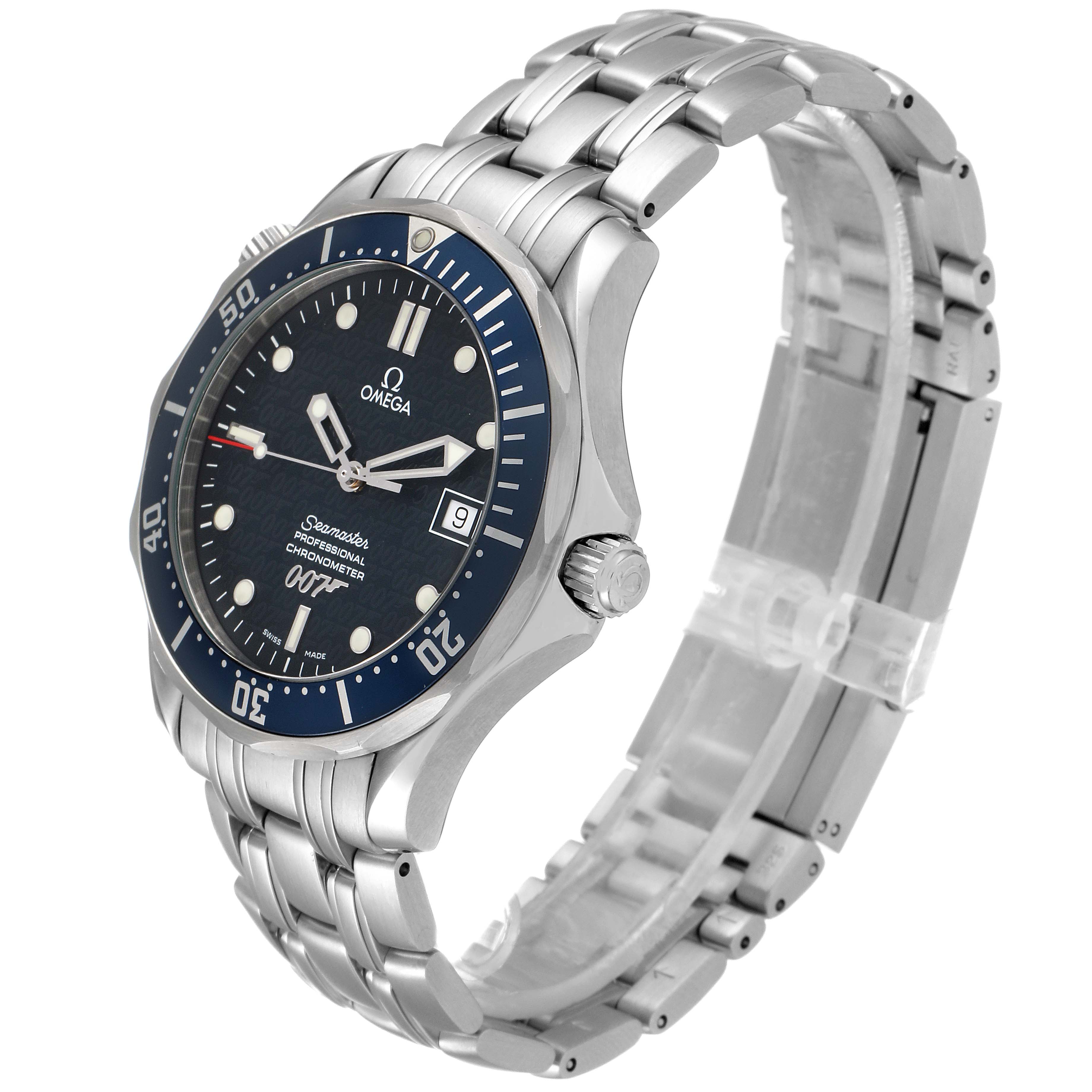The Omega Seamaster 2537.80.00 Men's Stainless Steel Blue Dial 2537.80.00 Men's Stainless Steel Blue Dial watch is shown at an angle highlighting the face, bezel, crown, and stainless steel bracelet.