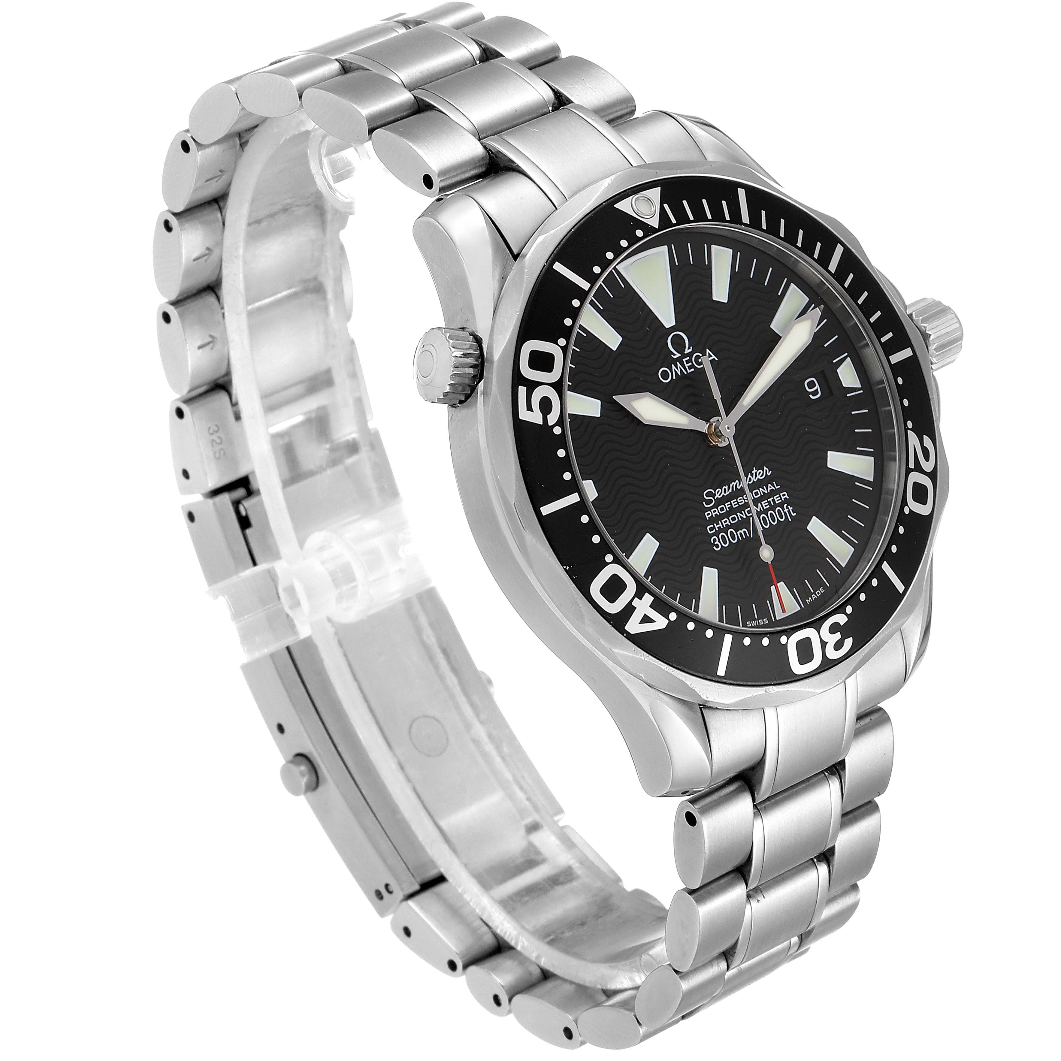 The image shows an angled view of the Omega Seamaster 2254.50.00 Men
s Stainless Steel Black Dial 2254.50.00 Men
s Stainless Steel Black Dial watch, displaying its face, bezel, crown, and metal bracelet.