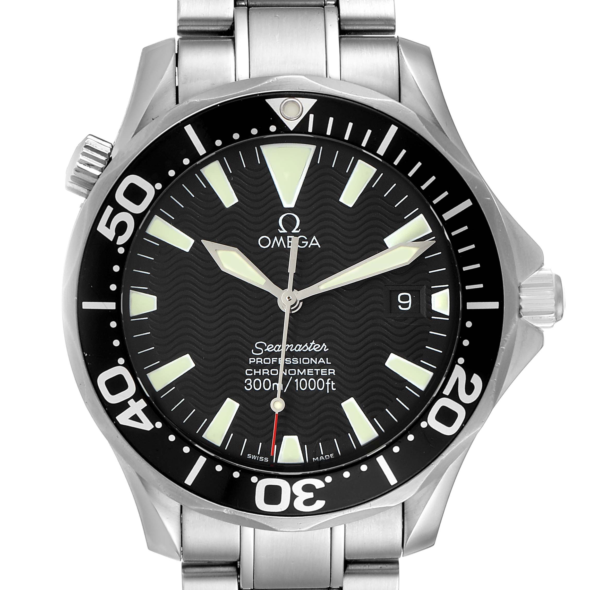 This is a front view of the Omega Seamaster 2254.50.00 Men
s Stainless Steel Black Dial 2254.50.00 Men
s Stainless Steel Black Dial watch, showing its dial, bezel, crown, and stainless steel bracelet.