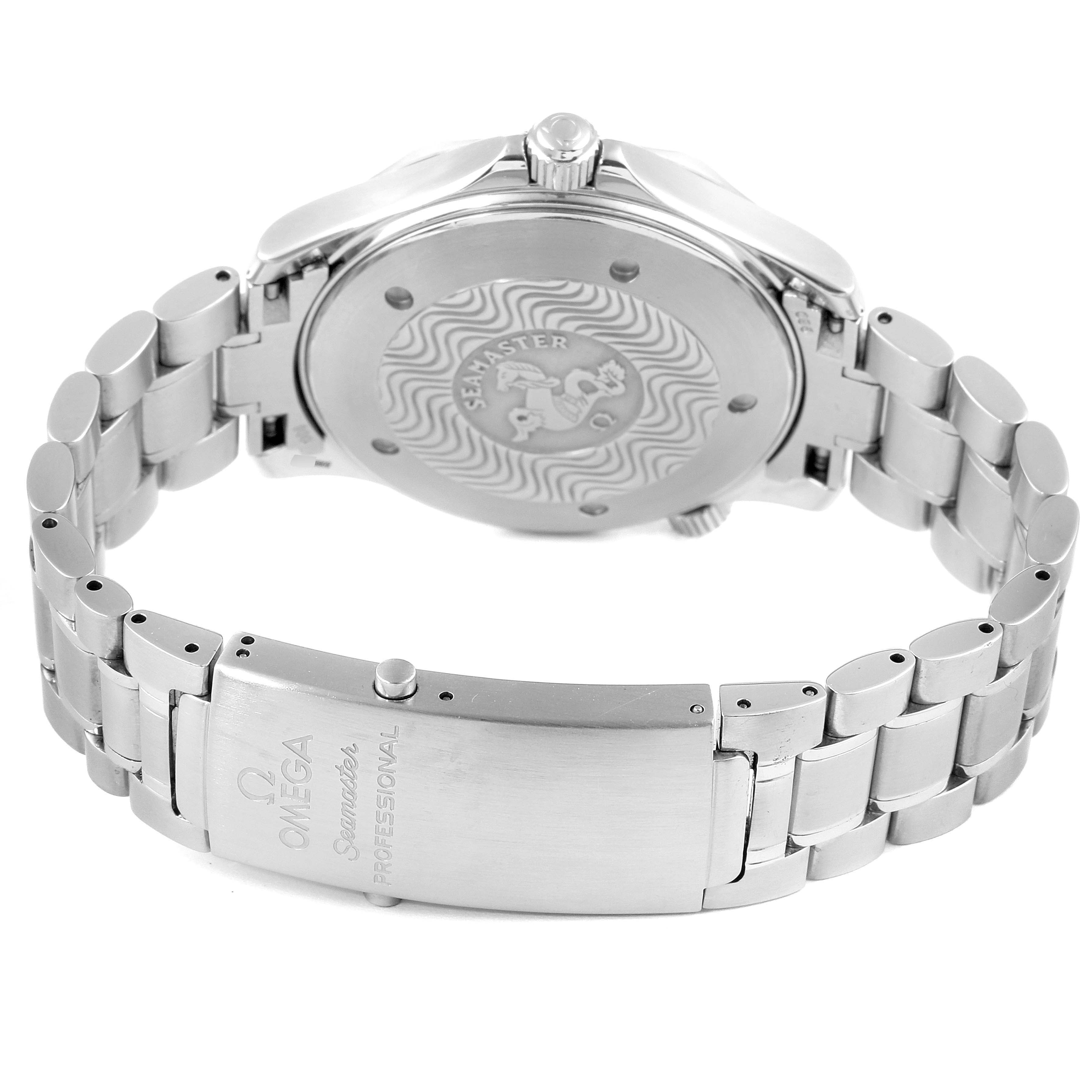 The image shows the backside of an Omega Seamaster 2254.50.00 Men
s Stainless Steel Black Dial 2254.50.00 Men
s Stainless Steel Black Dial watch, highlighting the case back and bracelet with clasp.