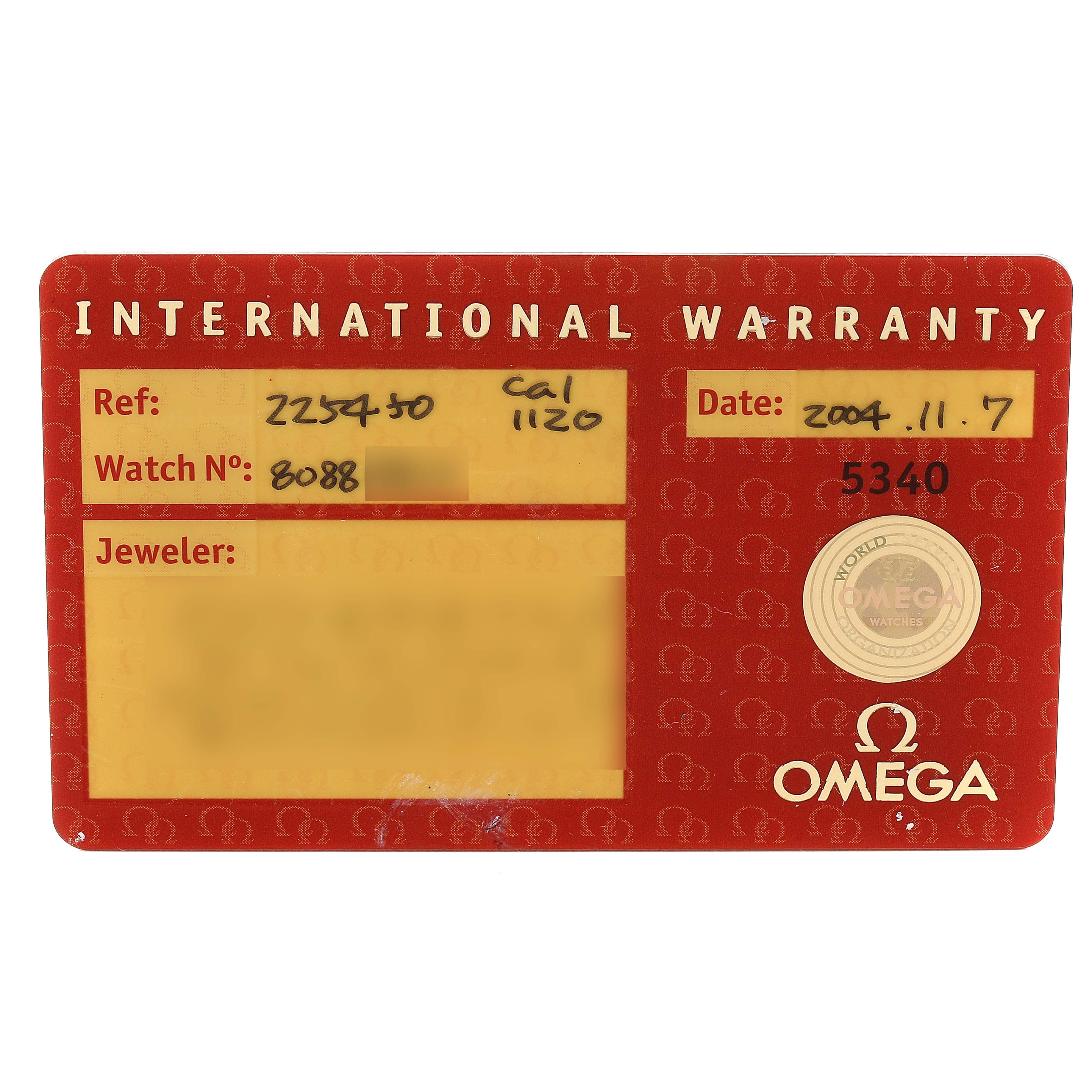 The image shows an Omega Seamaster 2254.50.00 Men
s Stainless Steel Black Dial 2254.50.00 Men
s Stainless Steel Black Dial International Warranty card, displaying reference number, watch number, and purchase date.