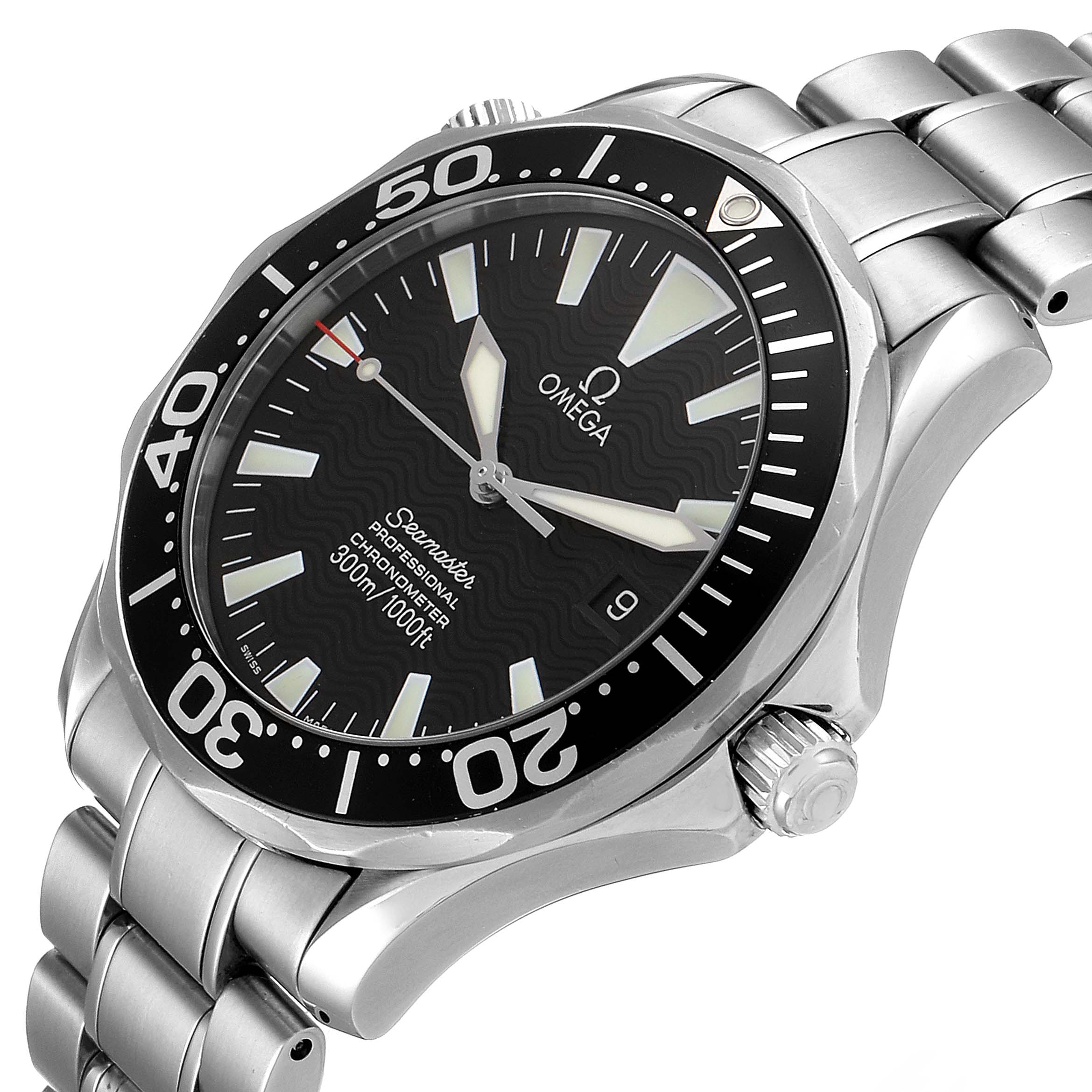 The Omega Seamaster 2254.50.00 Men
s Stainless Steel Black Dial 2254.50.00 Men
s Stainless Steel Black Dial watch is shown at a three-quarter angle, highlighting its face, bezel, crown, and metal bracelet.