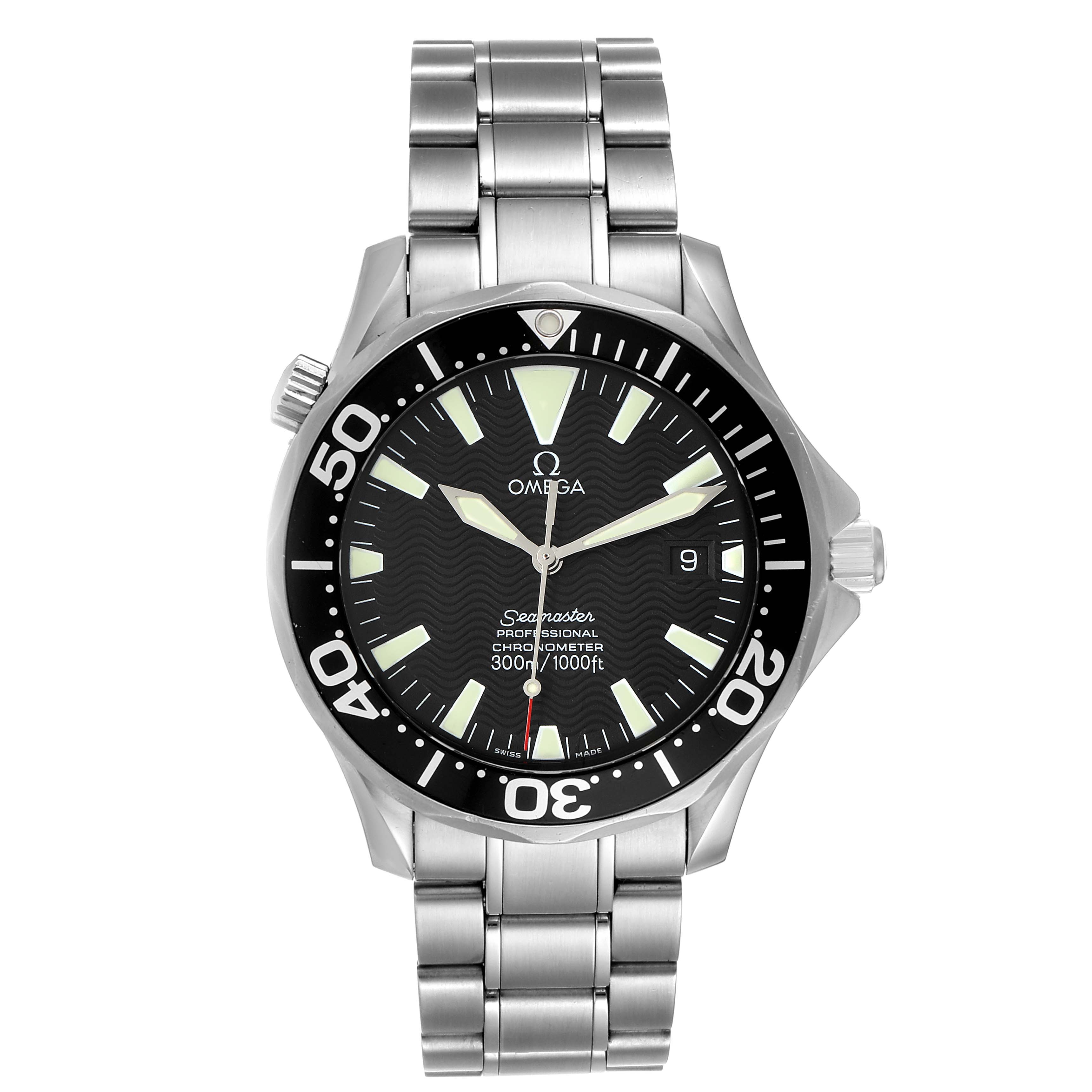 The image shows a front view of the Omega Seamaster 2254.50.00 Men
s Stainless Steel Black Dial 2254.50.00 Men
s Stainless Steel Black Dial watch, highlighting its black dial, bezel, and metal bracelet.