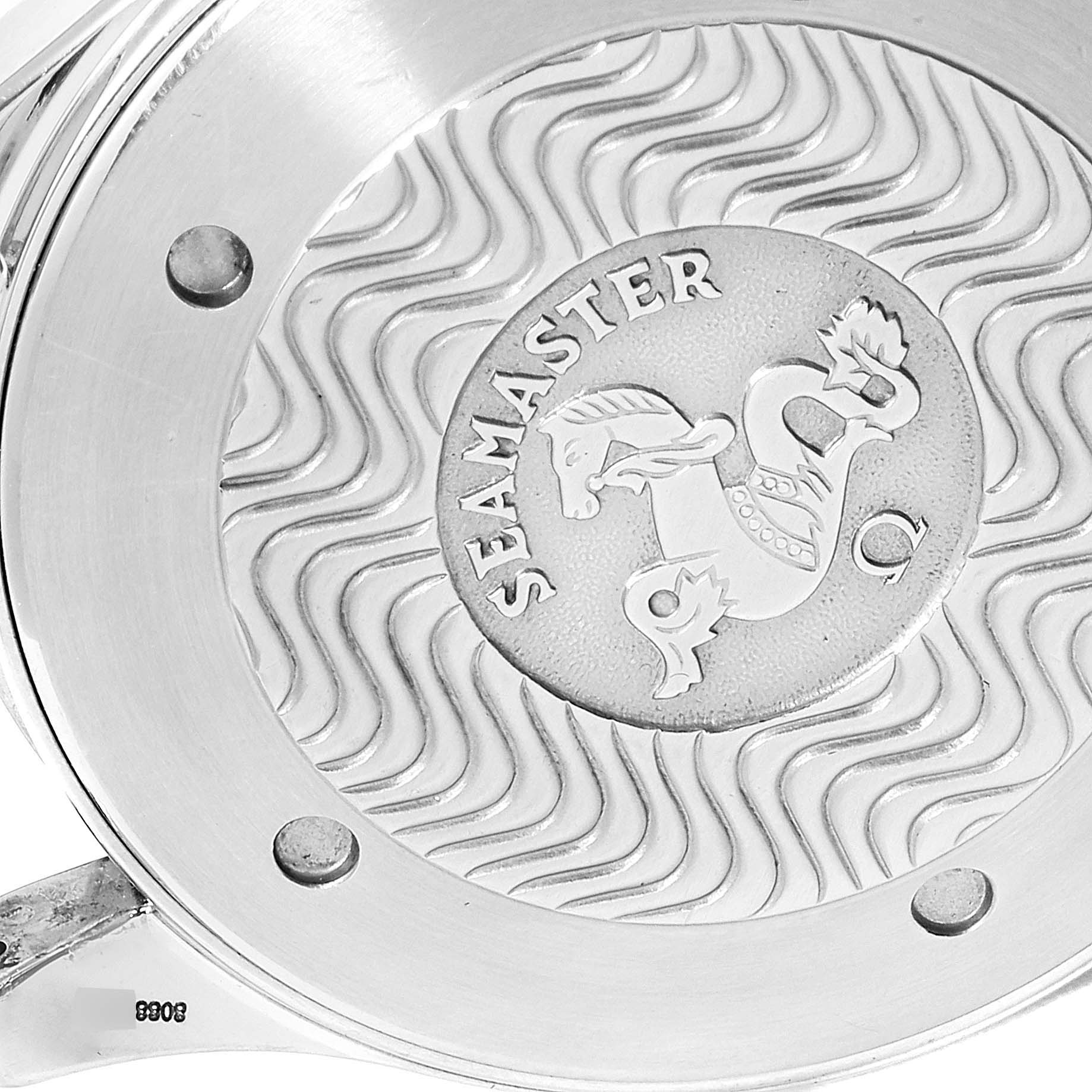 The image shows the engraved case back of an Omega Seamaster 2254.50.00 Men
s Stainless Steel Black Dial 2254.50.00 Men
s Stainless Steel Black Dial watch with the iconic wave pattern and seahorse motif.