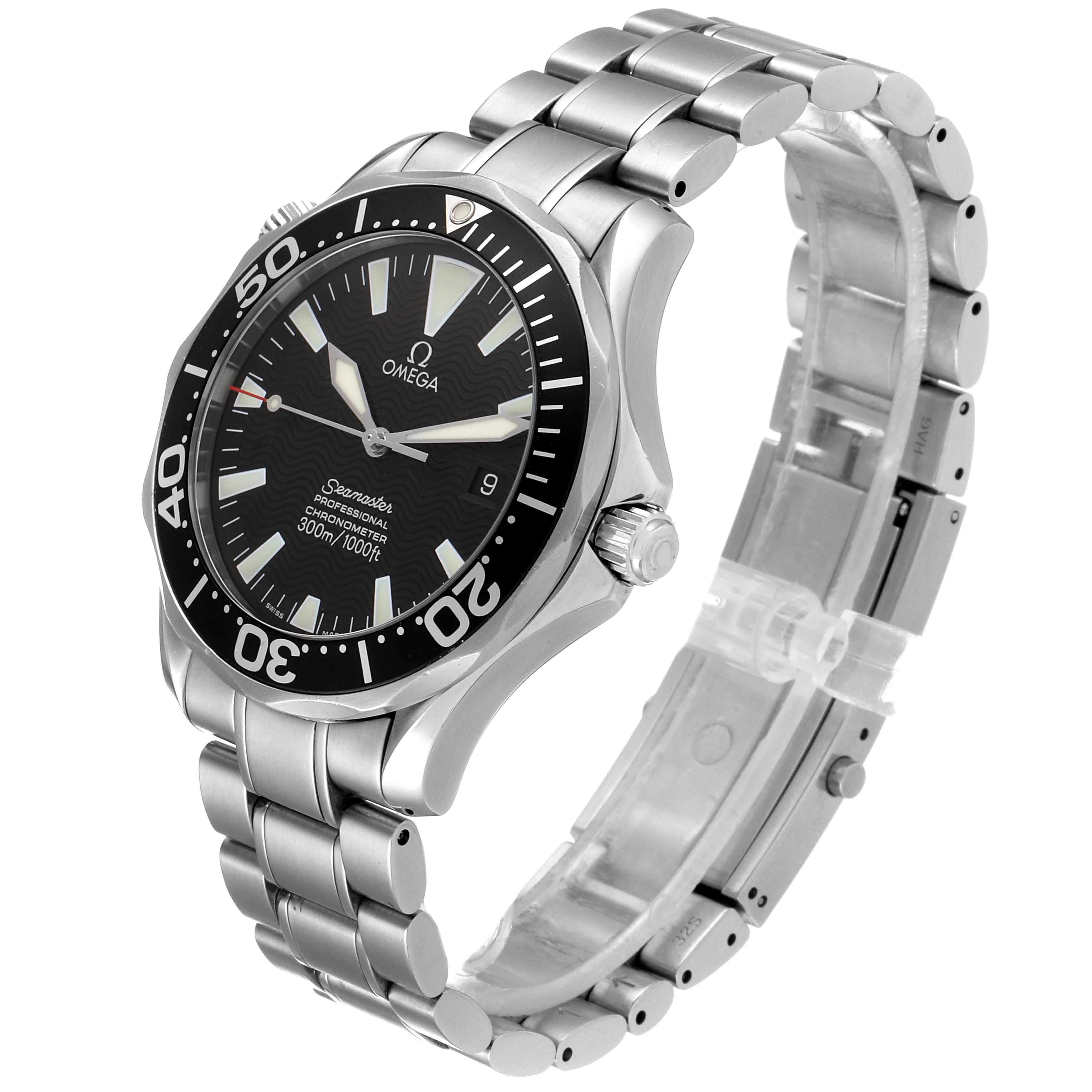 The image shows an Omega Seamaster 2254.50.00 Men
s Stainless Steel Black Dial 2254.50.00 Men
s Stainless Steel Black Dial watch at a slight diagonal angle, highlighting its face, bezel, case, and metal bracelet.