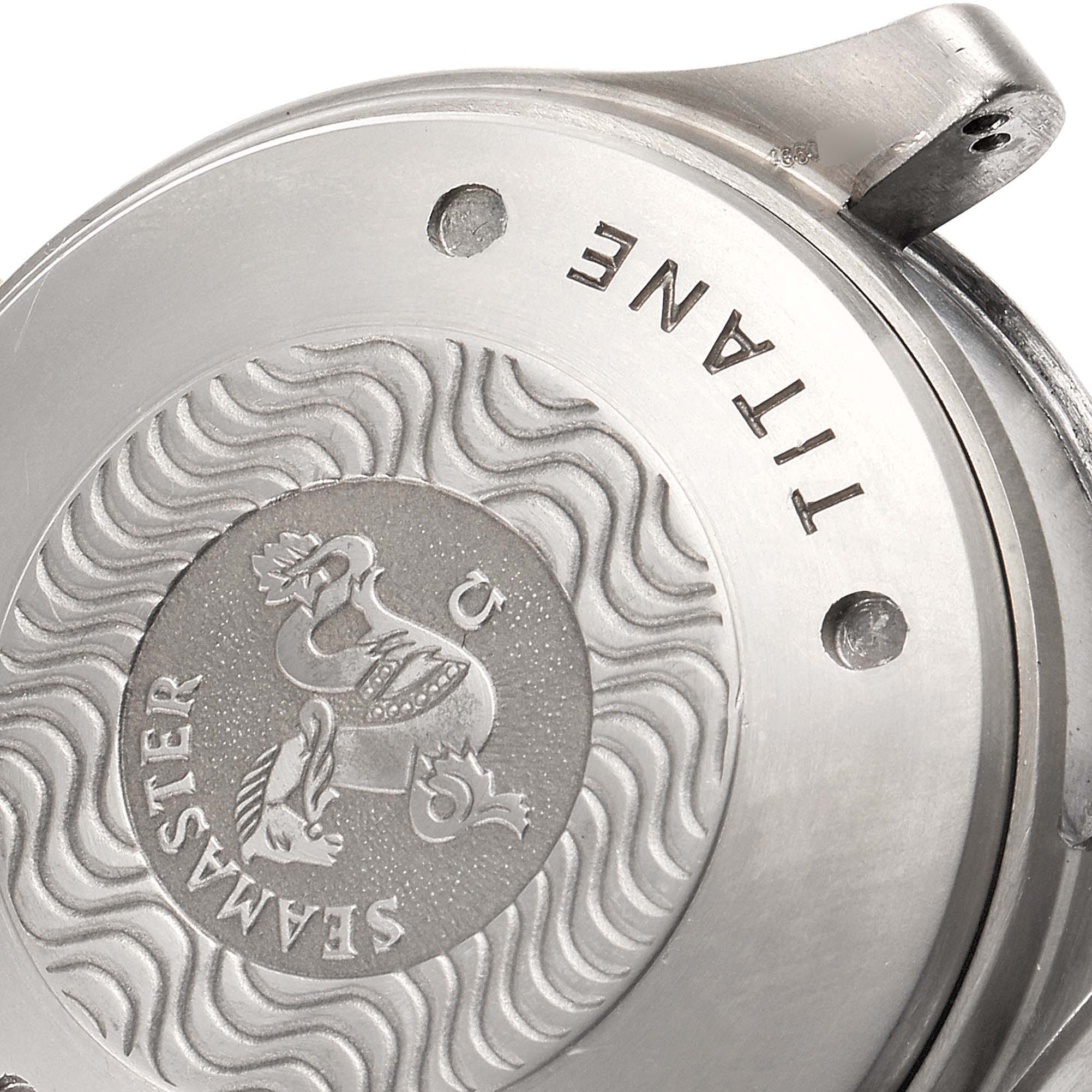 This image shows the back case of an Omega Seamaster 2296.80.00 Men's Titanium Blue Dial 2296.80.00 Men's Titanium Blue Dial watch, highlighting the engraved logo and "TITANE" text.