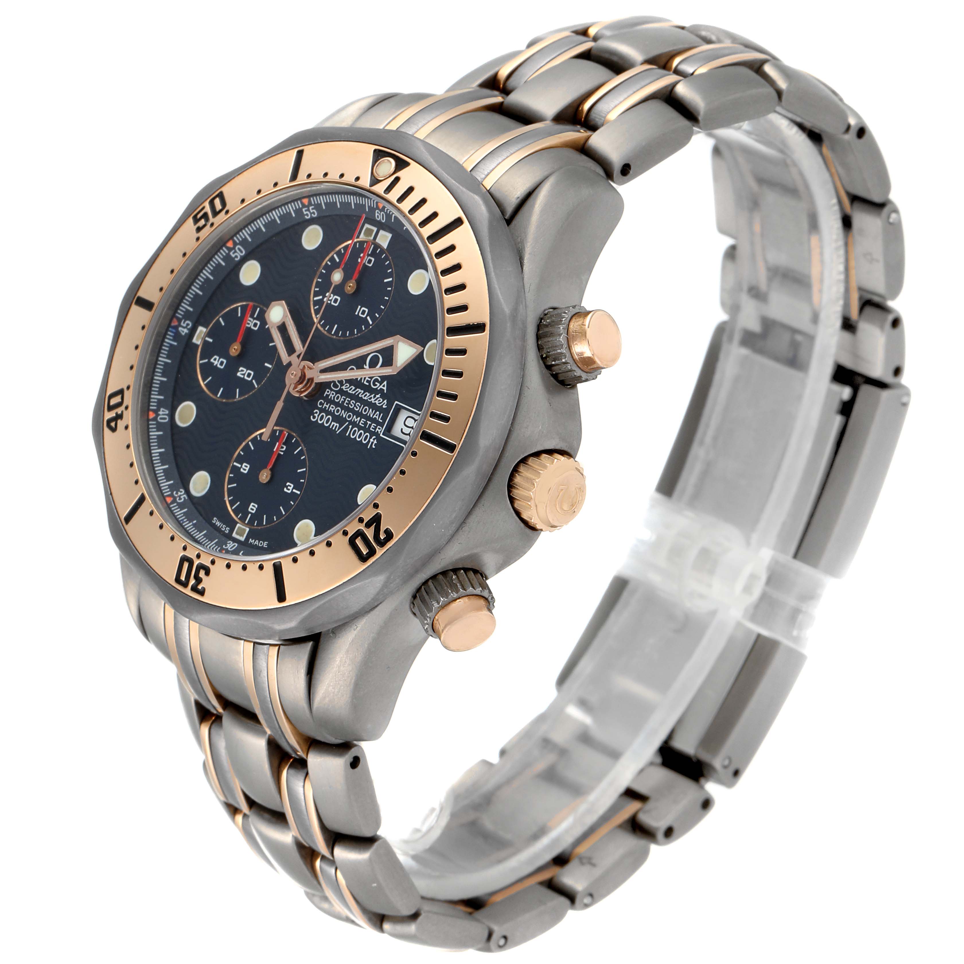 The image shows a side-angle view of an Omega Seamaster 2296.80.00 Men's Titanium Blue Dial 2296.80.00 Men's Titanium Blue Dial watch, highlighting its bezel, dials, crown, push buttons, and bracelet.