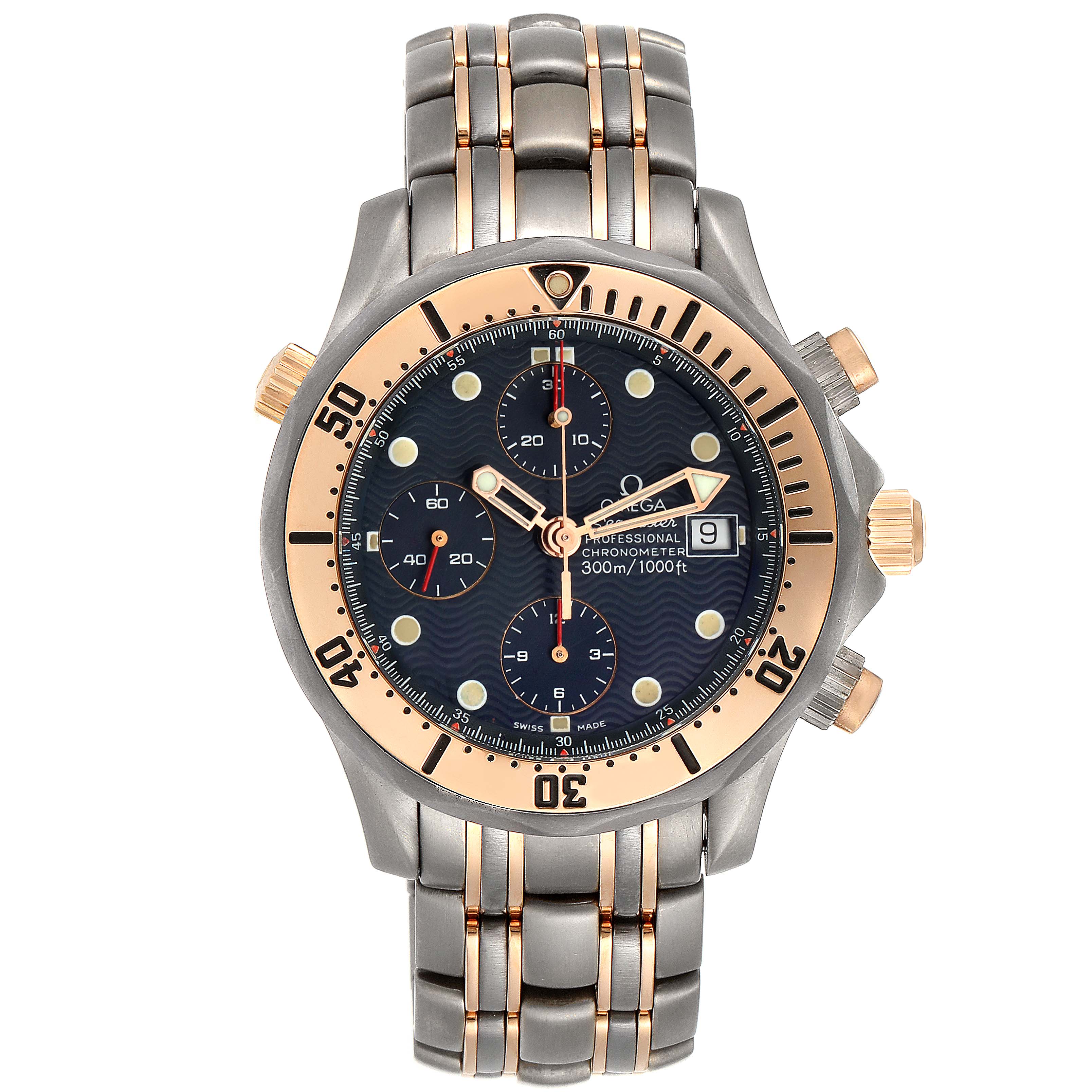 The Omega Seamaster 2296.80.00 Men's Titanium Blue Dial 2296.80.00 Men's Titanium Blue Dial watch is shown from a front angle, displaying its face, bezel, and bracelet.