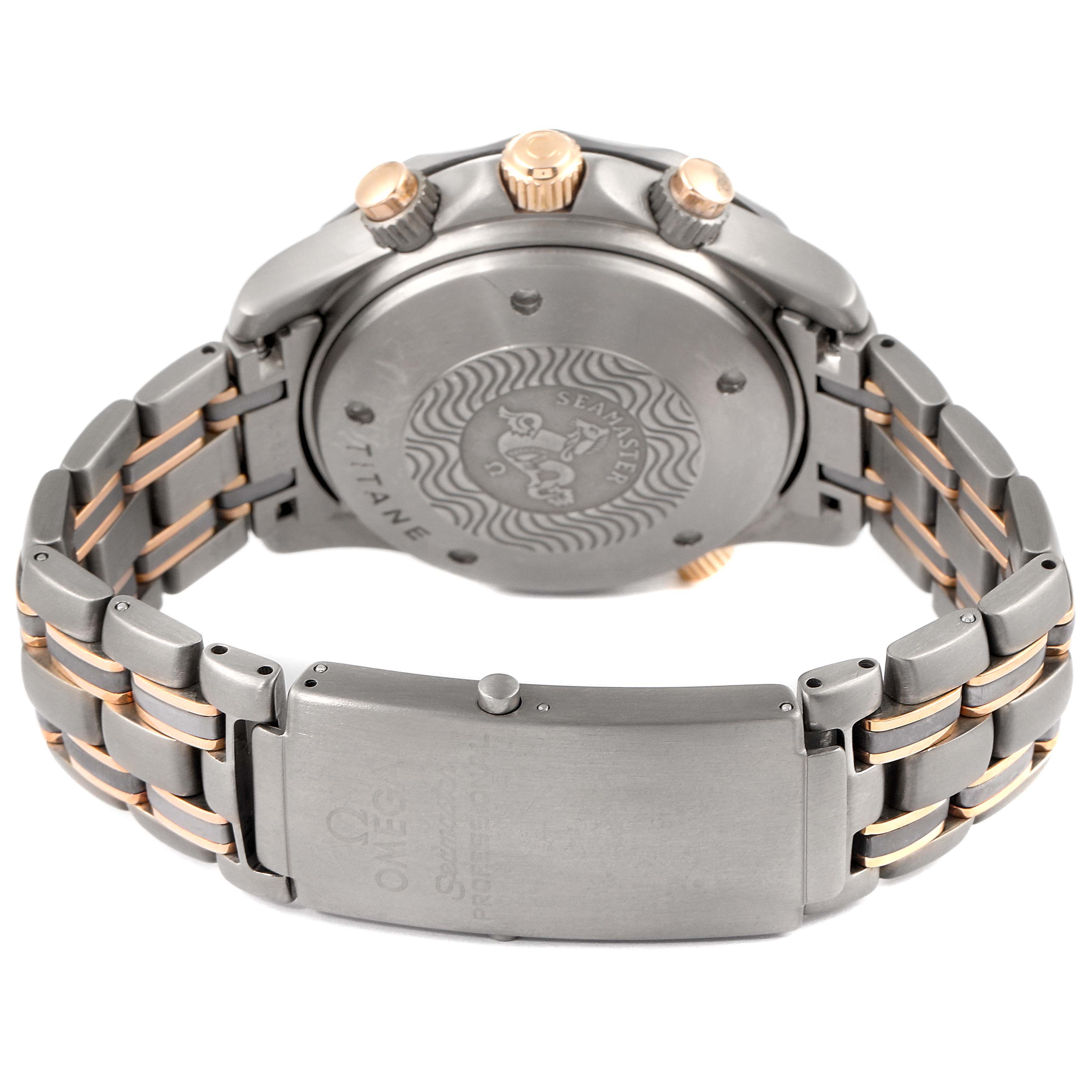 The image shows the back and strap of an Omega Seamaster 2296.80.00 Men's Titanium Blue Dial 2296.80.00 Men's Titanium Blue Dial watch, highlighting the clasp, case back, and crown.