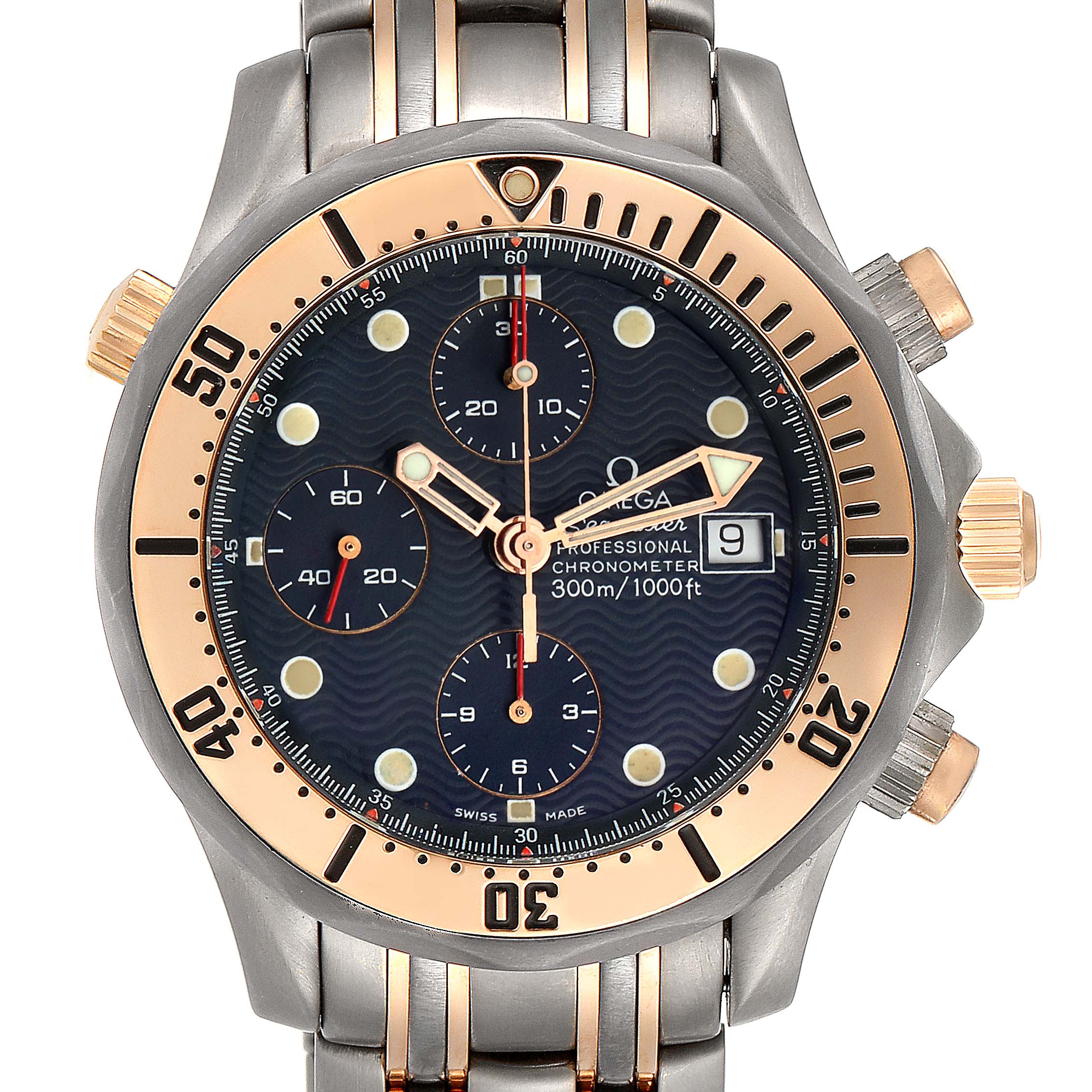 This image shows a front view of the Omega Seamaster 2296.80.00 Men's Titanium Blue Dial 2296.80.00 Men's Titanium Blue Dial displaying its dial, bezel, and chronograph functions.