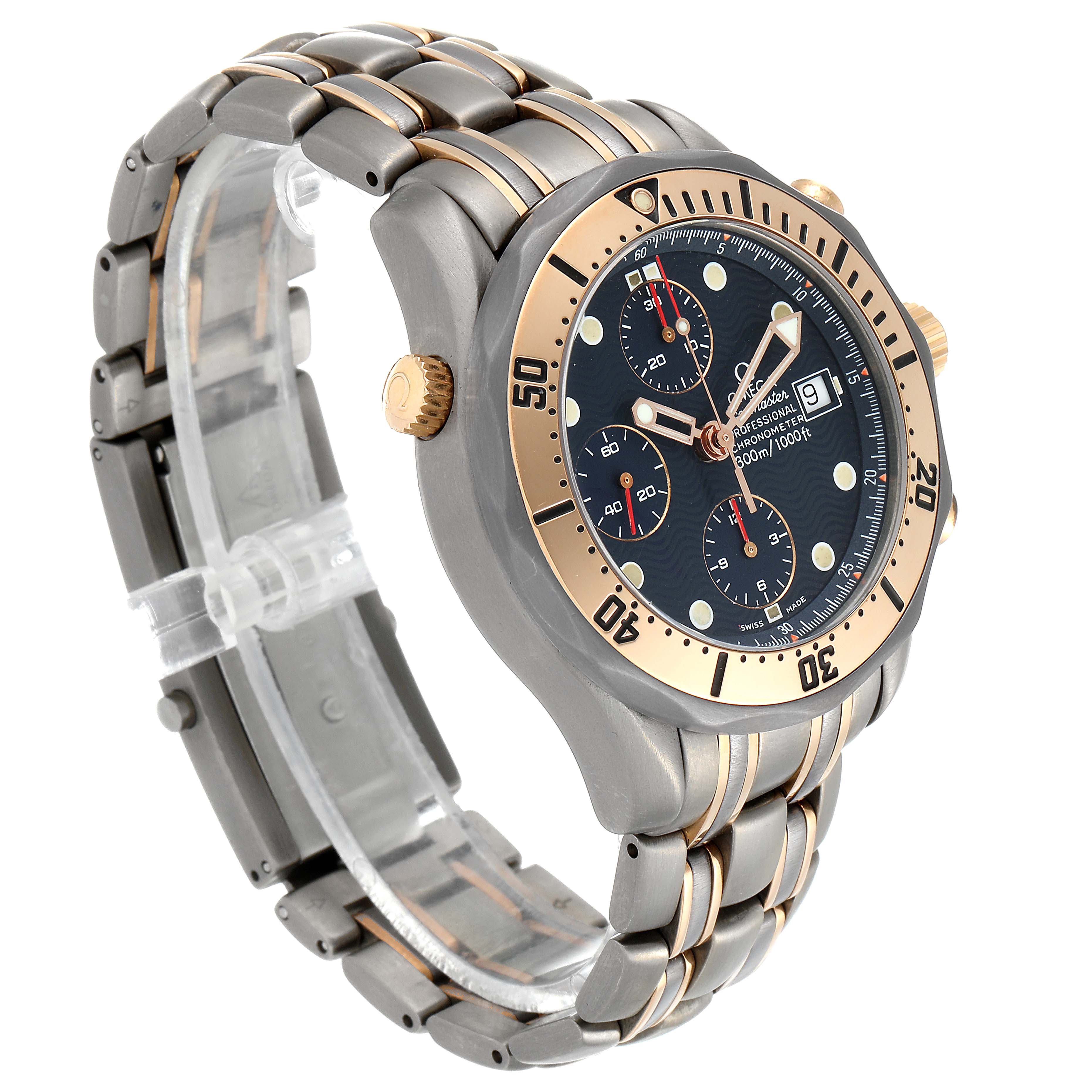 The image shows an Omega Seamaster 2296.80.00 Men's Titanium Blue Dial 2296.80.00 Men's Titanium Blue Dial watch at a three-quarter angle, highlighting the bezel, dial, crown, and metal bracelet.