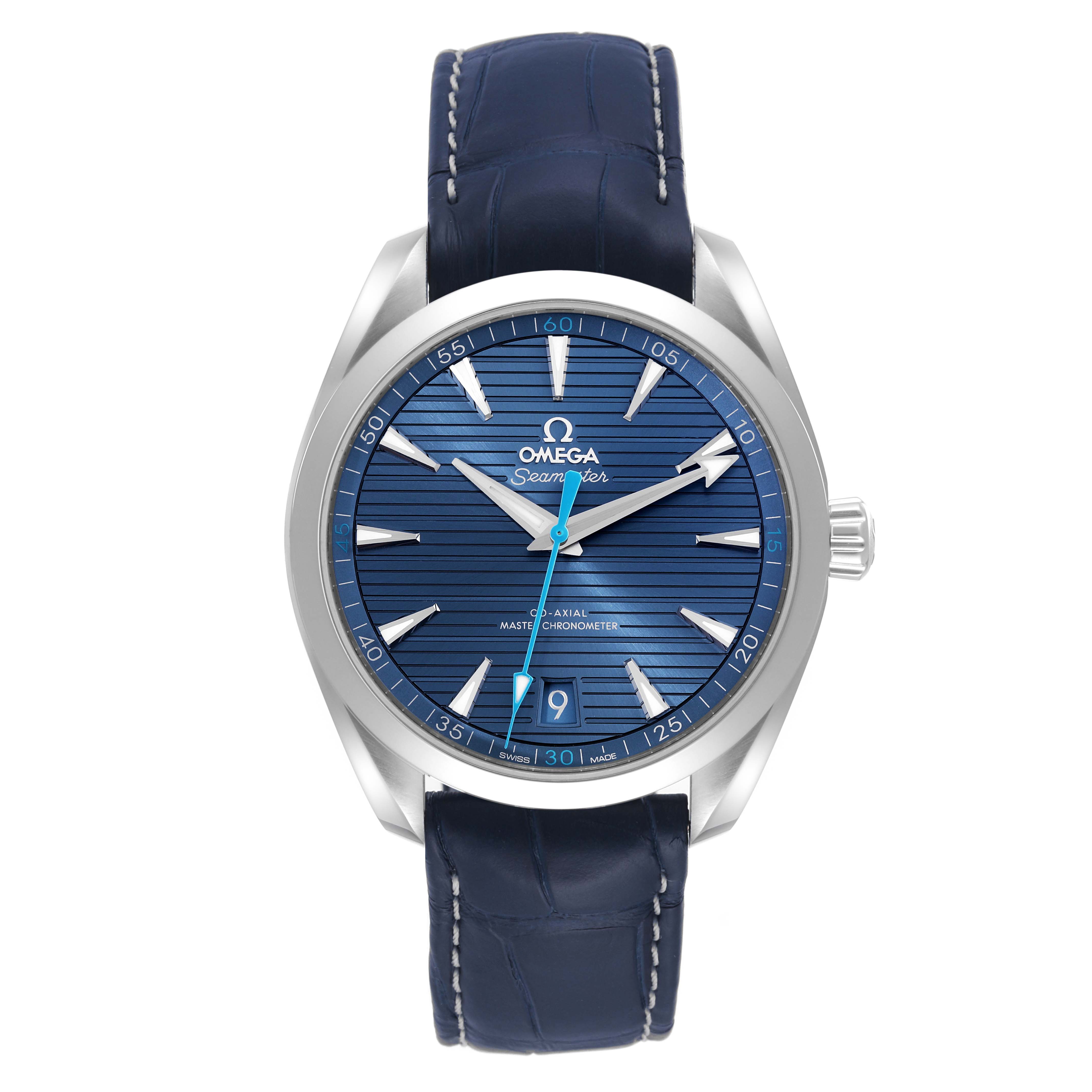 This image shows a front view of the Omega Aqua Terra 220.13.41.21.03.002 Men
s Stainless Steel Blue Dial 220.13.41.21.03.002 Men
s Stainless Steel Blue Dial watch, highlighting the blue dial and leather strap.