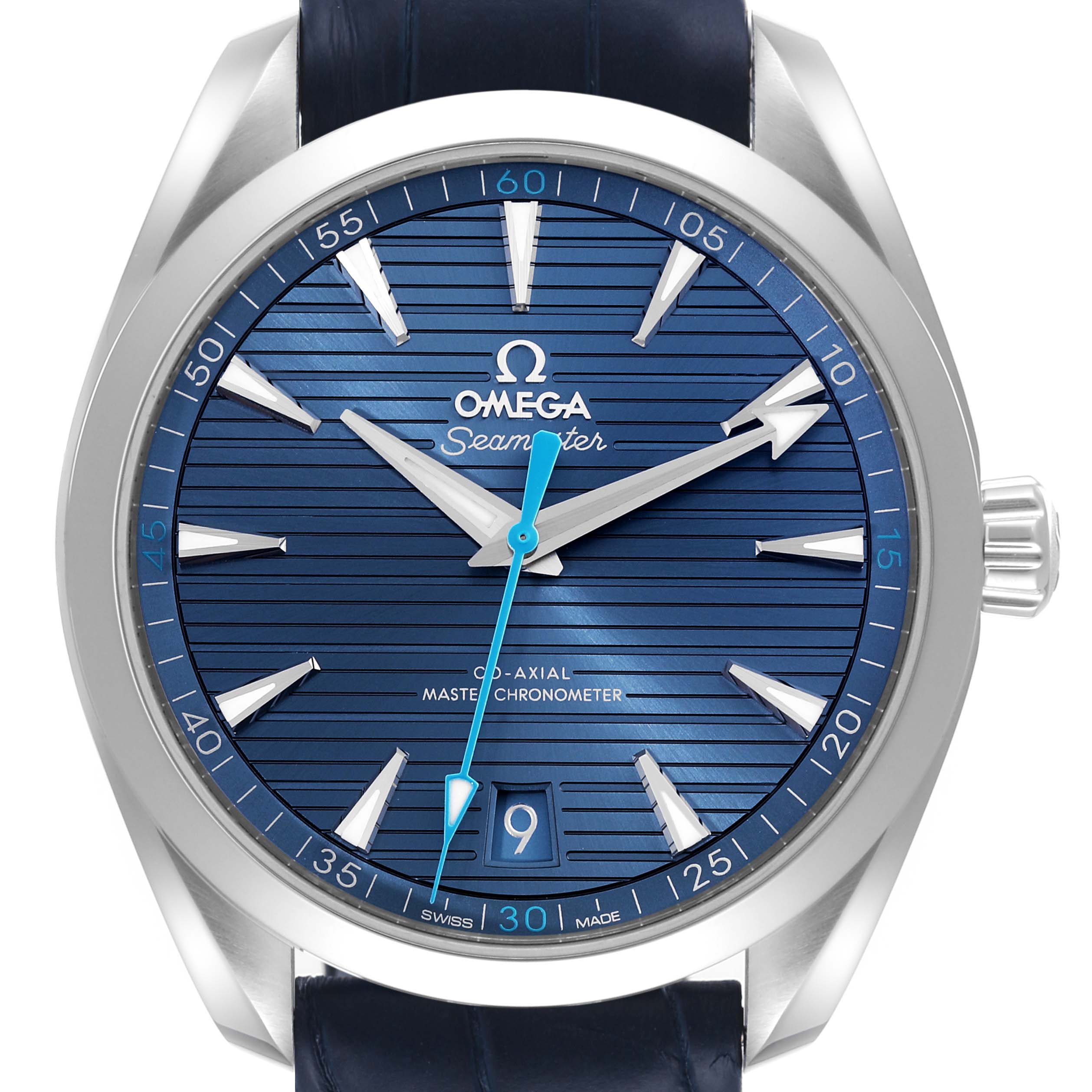 The image shows a close-up of the Omega Aqua Terra 220.13.41.21.03.002 Men
s Stainless Steel Blue Dial 220.13.41.21.03.002 Men
s Stainless Steel Blue Dial watch face, including the dial, hands, markers, and crown.