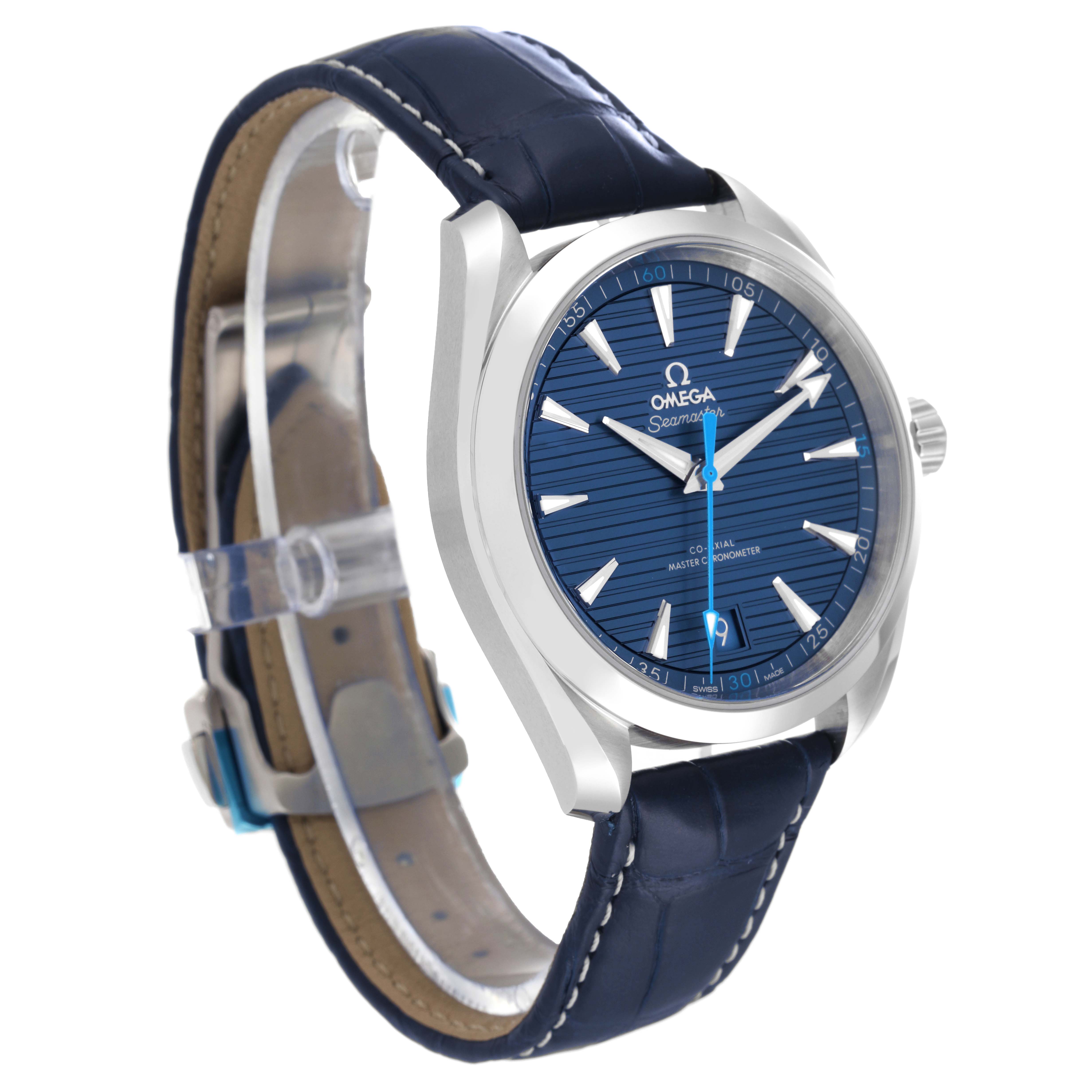 This image shows a side view and partial front angle of the Omega Aqua Terra 220.13.41.21.03.002 Men
s Stainless Steel Blue Dial 220.13.41.21.03.002 Men
s Stainless Steel Blue Dial watch, highlighting its face, bezel, and strap.