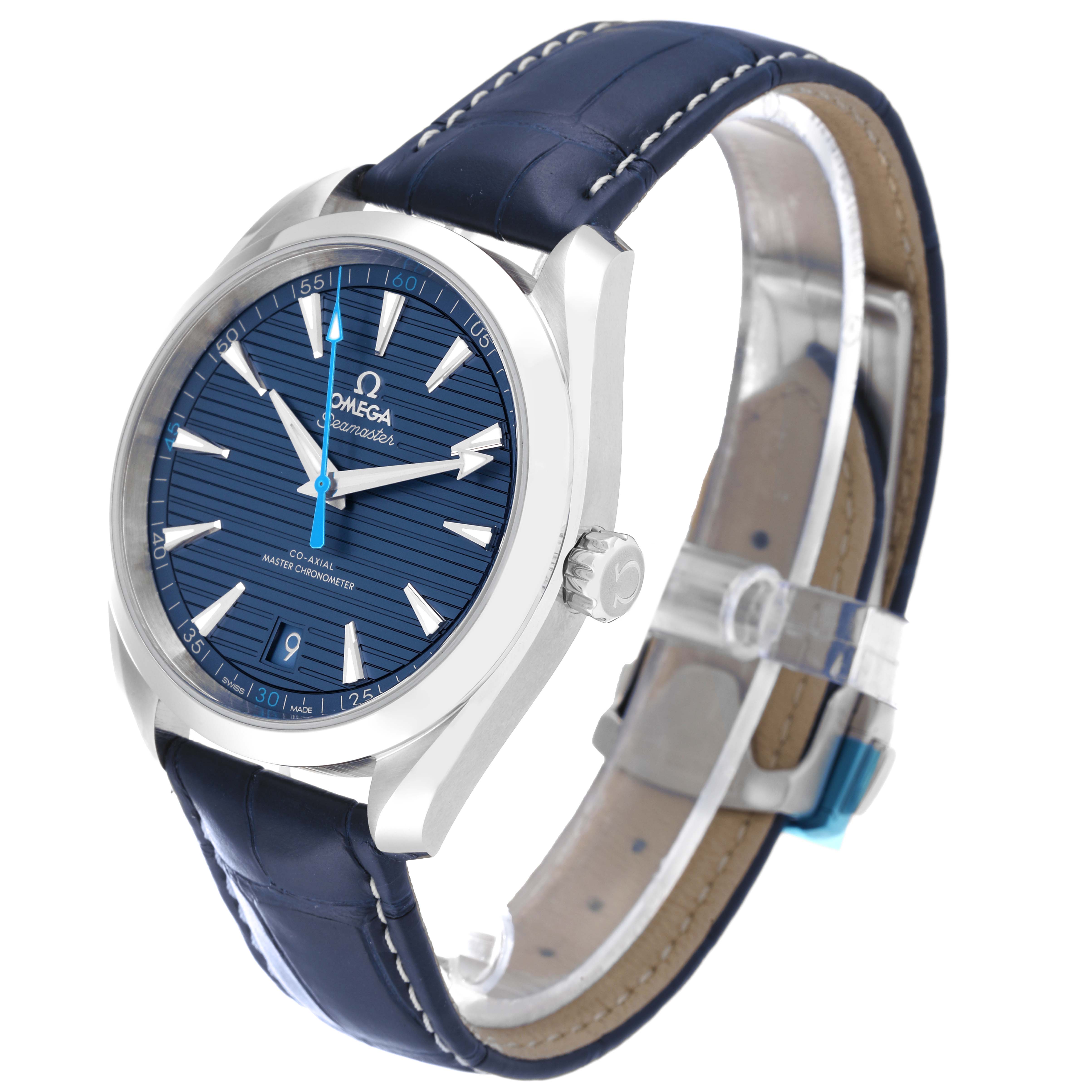 The image shows an Omega Aqua Terra 220.13.41.21.03.002 Men
s Stainless Steel Blue Dial 220.13.41.21.03.002 Men
s Stainless Steel Blue Dial watch at a three-quarter angle, highlighting its face, bezel, crown, and blue leather strap.