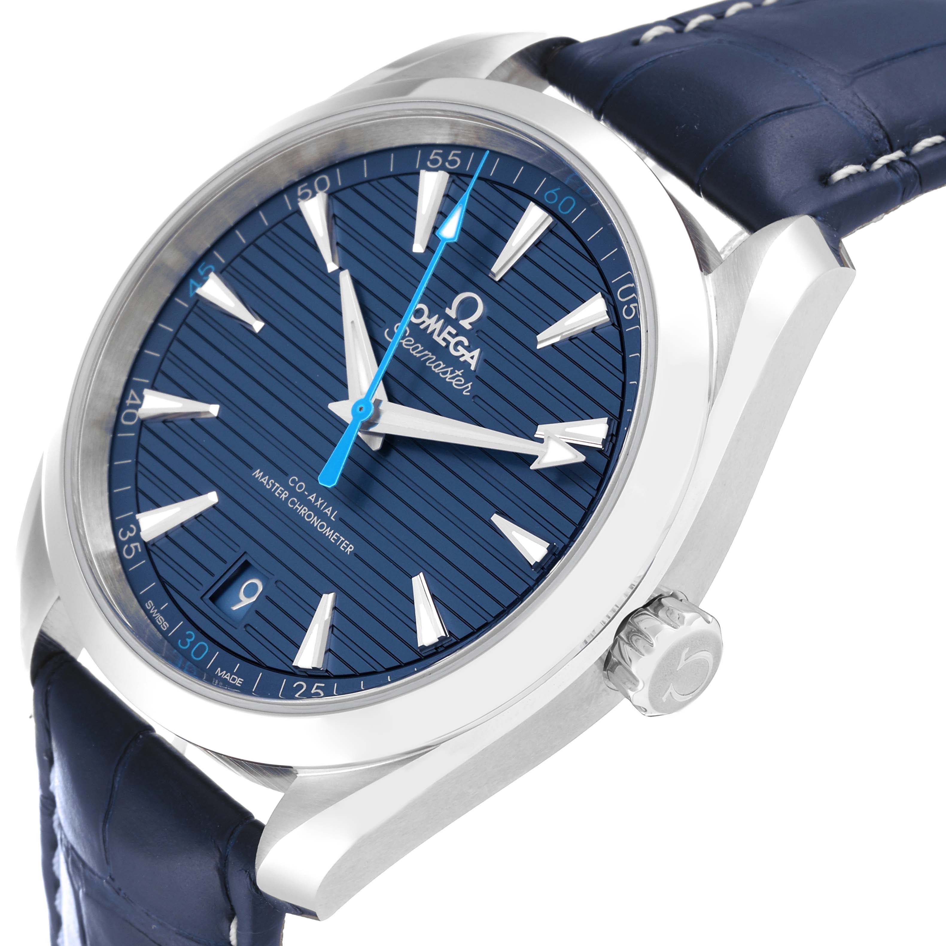 This image shows the face and side of the Omega Aqua Terra 220.13.41.21.03.002 Men
s Stainless Steel Blue Dial 220.13.41.21.03.002 Men
s Stainless Steel Blue Dial watch at an angled close-up, highlighting the blue dial and crown.