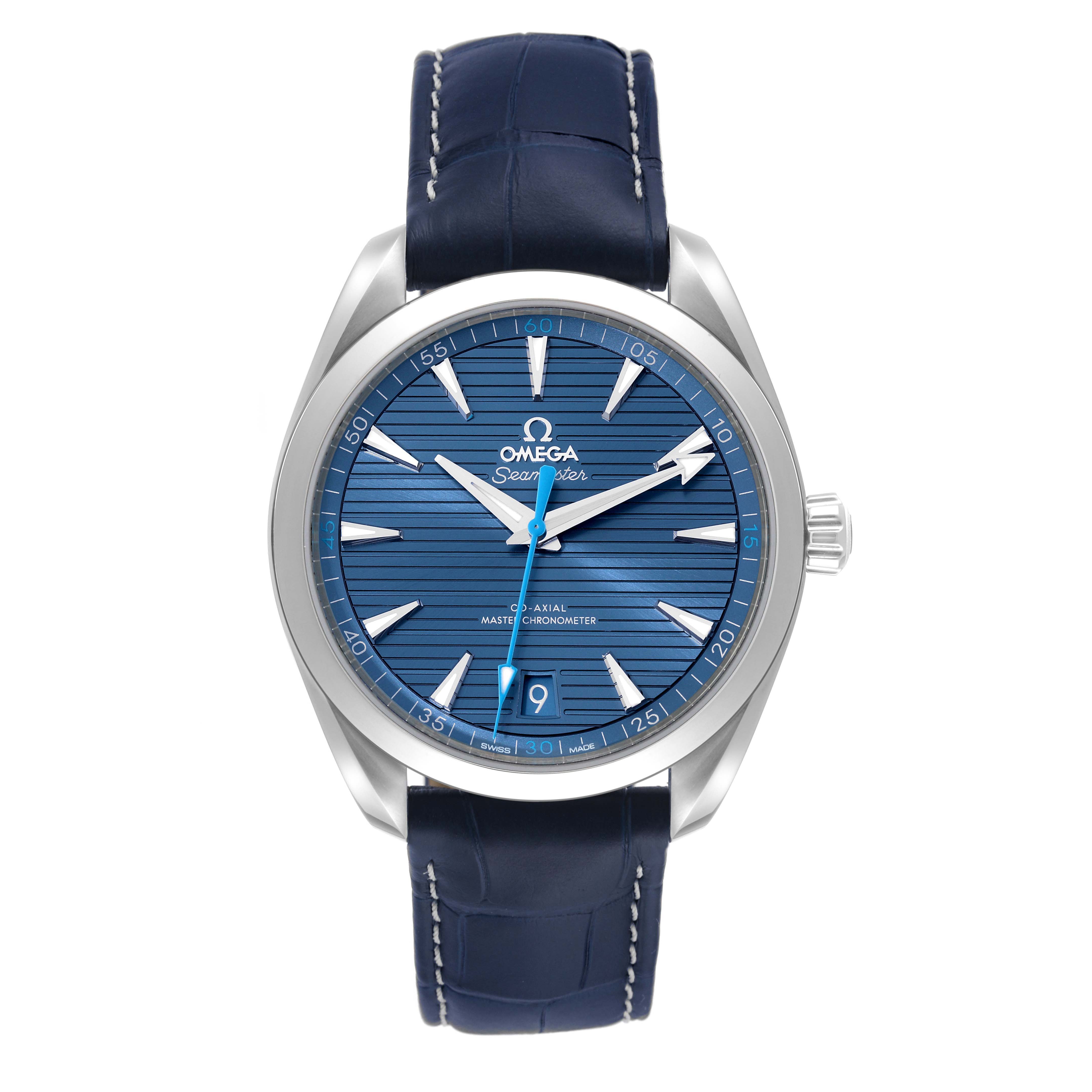 The Omega Aqua Terra 220.13.41.21.03.002 Men
s Stainless Steel Blue Dial 220.13.41.21.03.002 Men
s Stainless Steel Blue Dial watch is shown from a front angle, highlighting the dial, hands, date window, and blue leather strap.