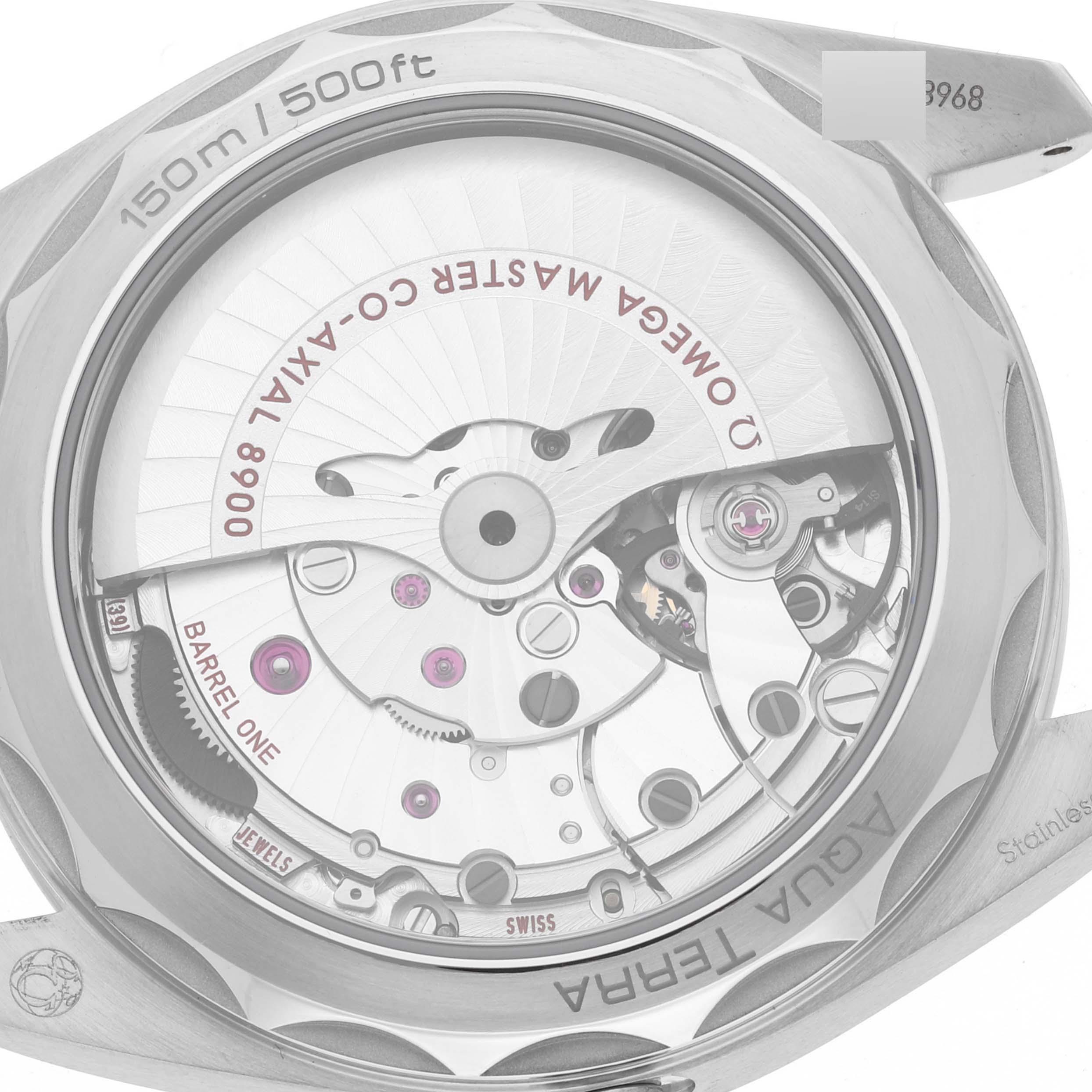 This image shows the back view of the Aqua Terra model by Omega, highlighting its internal movement and components.