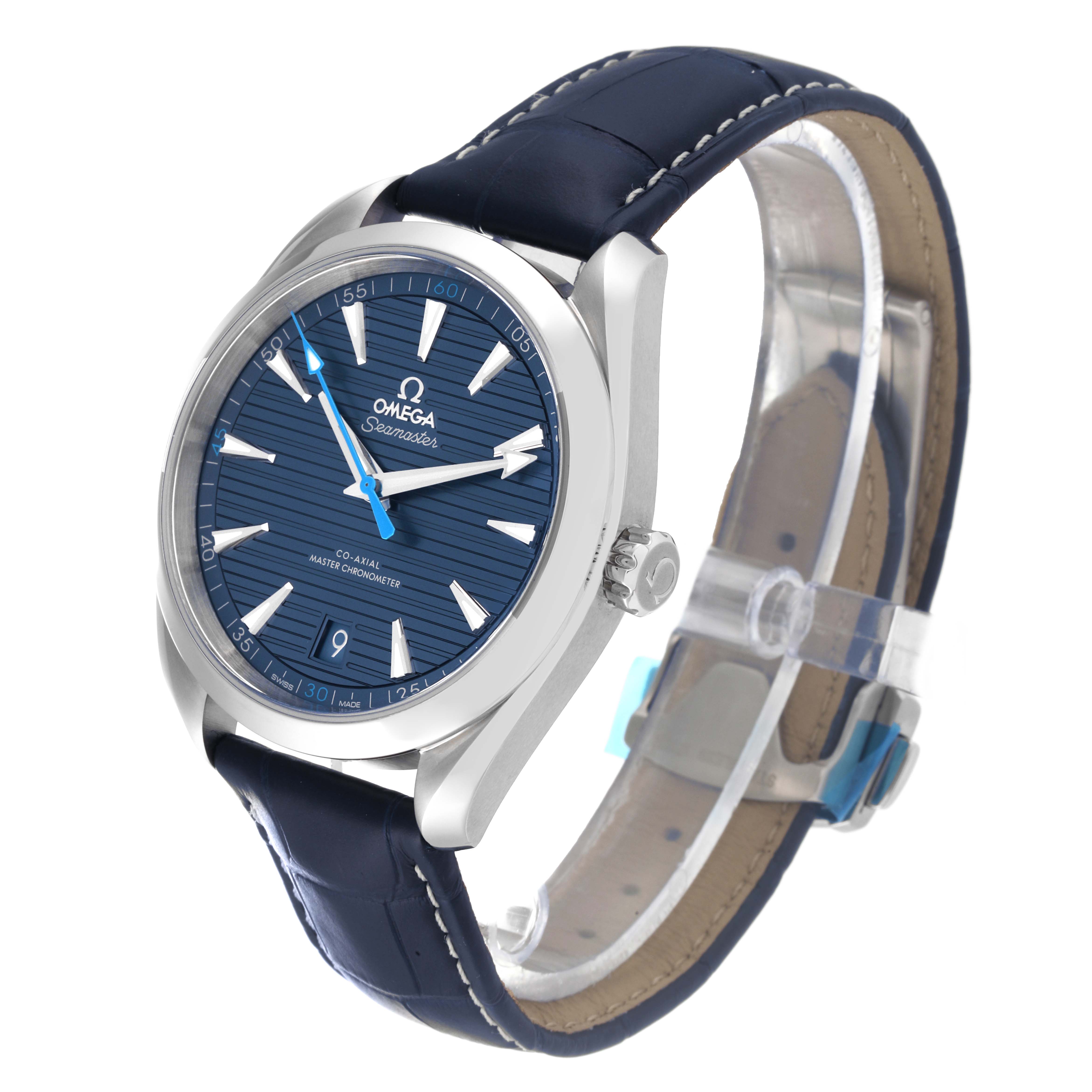 The photo shows a side view of the Omega Aqua Terra 220.13.41.21.03.002 Men
s Stainless Steel Blue Dial 220.13.41.21.03.002 Men
s Stainless Steel Blue Dial watch, featuring its blue dial and blue leather strap.